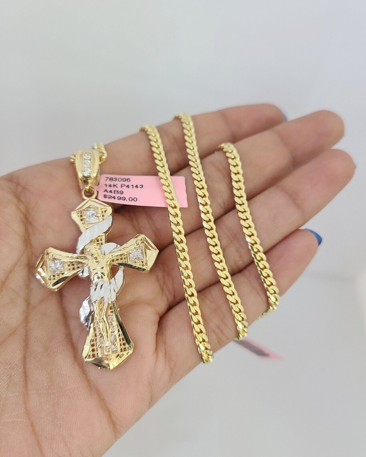 14k Gold Solid Chain Spiral Cross Pendant Set 14kt Miami Cuban Link 3mm Charm
