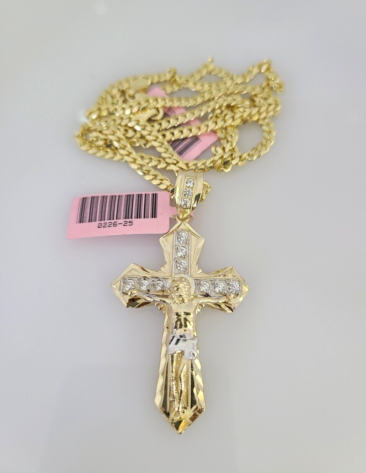 14k Gold Solid Chain Jesus Cross Pendant Set 14kt Miami Cuban Link 3mm Charm
