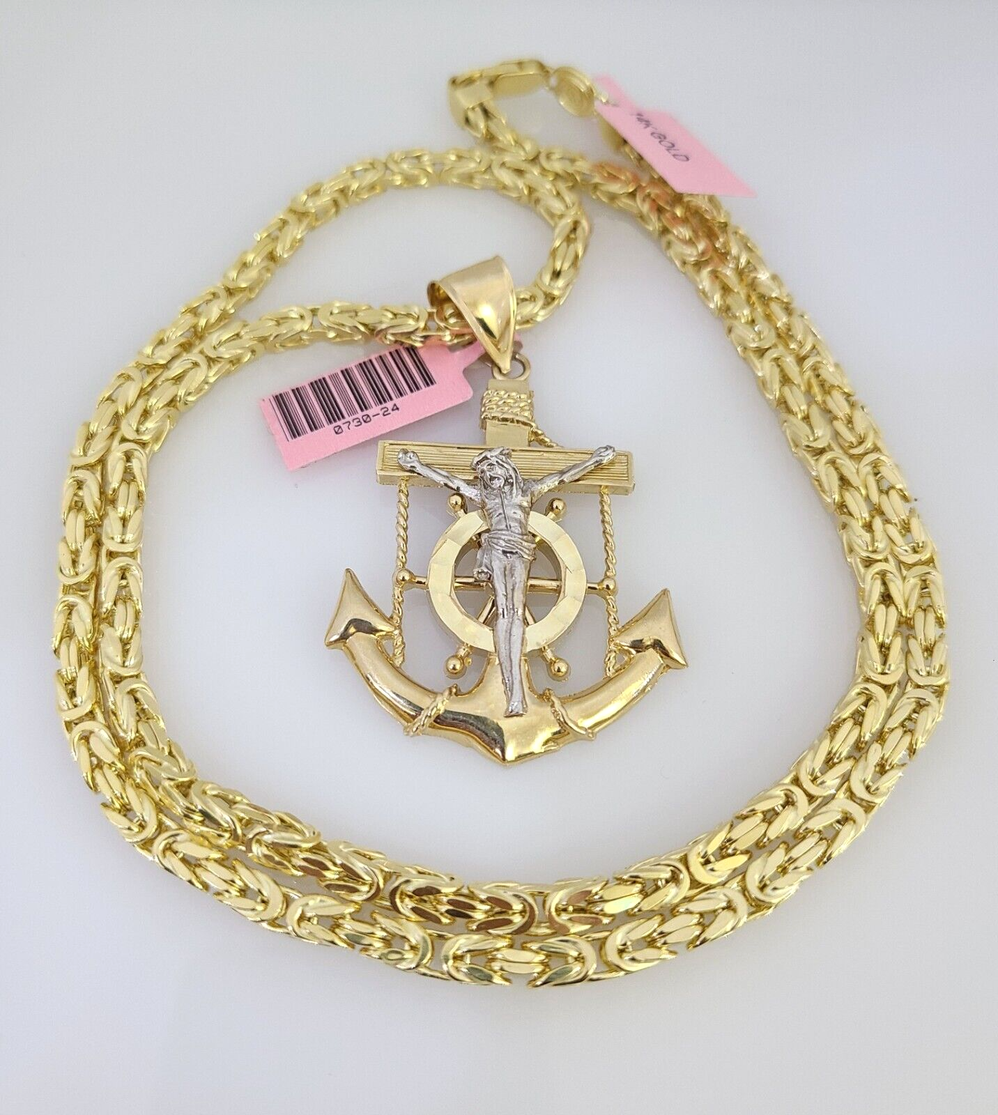 14K Gold Necklace Chain Jesus Anchor Charm Turkish Byzantine 4mm 24" Pendant