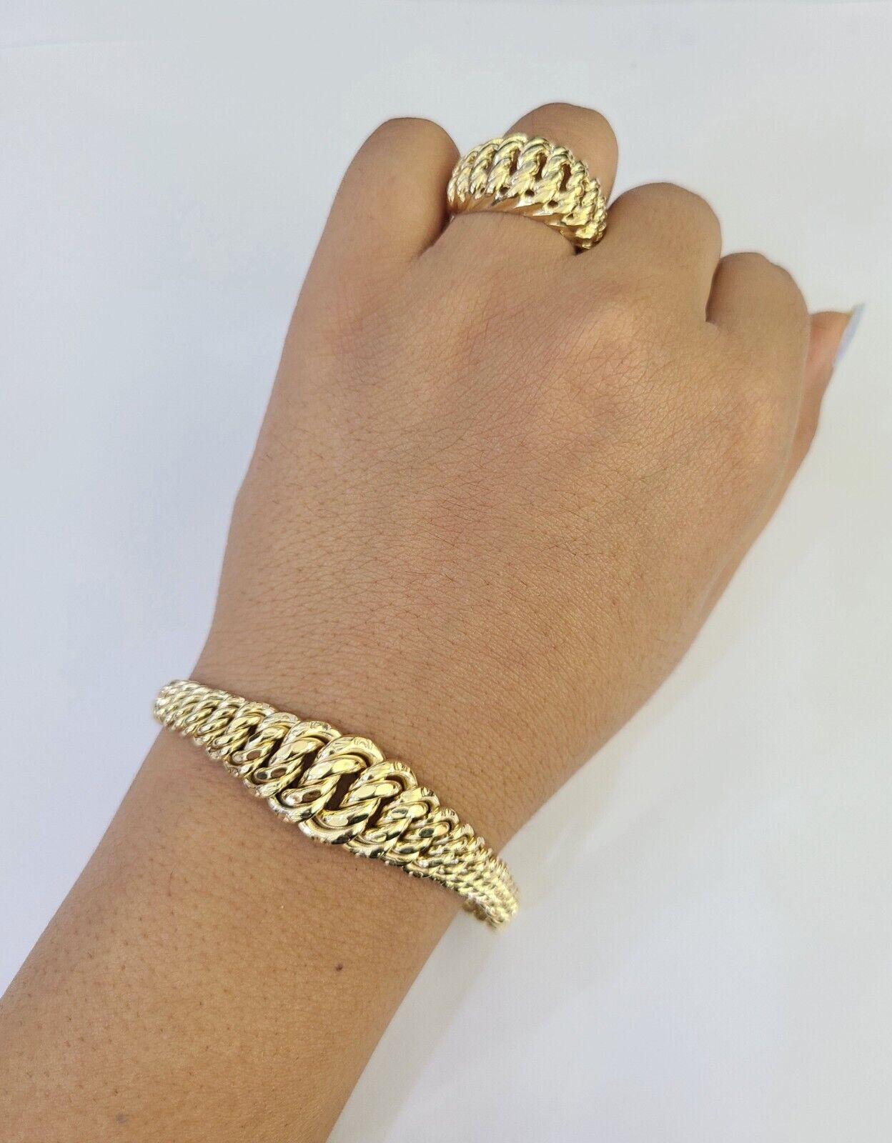 14K Gold Princesa Ring Bracelet 7" 7mm Real Yellow SET Flat Byzantine Link 14Kt All Sizes