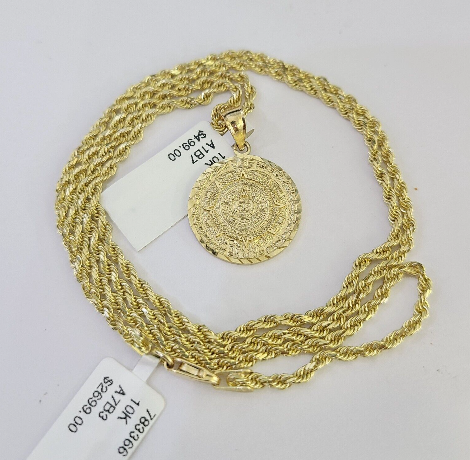 10k Solid Rope Chain Mayan Calendar Pendant Charm Necklace 18-24" SET 2mm