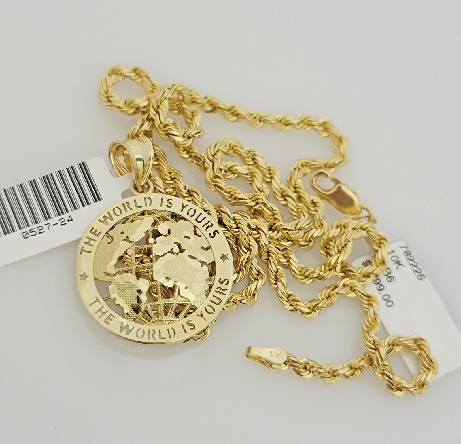 Real 10k Gold Chain Pendant SET World Is Your Charm  Rope Necklace 3mm 24 Inch