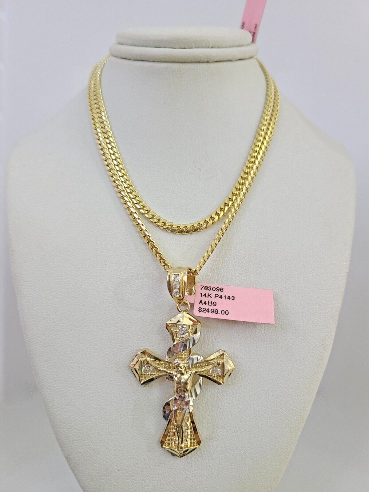 14k Gold Solid Chain Spiral Cross Pendant Set 14kt Miami Cuban Link 3mm Charm