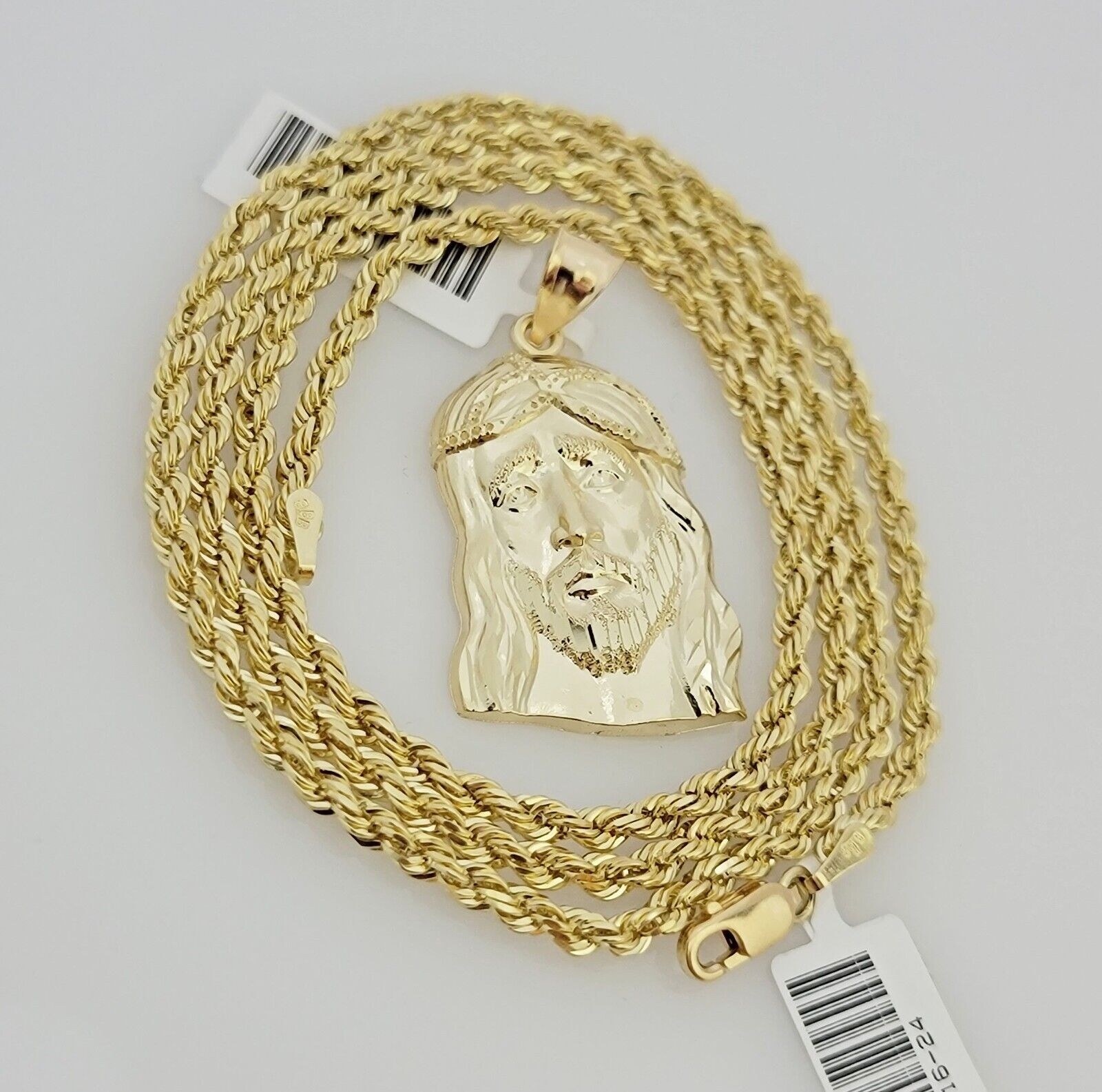 Real 10k Gold Rope Chain Jesus Head Charm Pendant Set 3mm Necklace 18"-26" SOLID