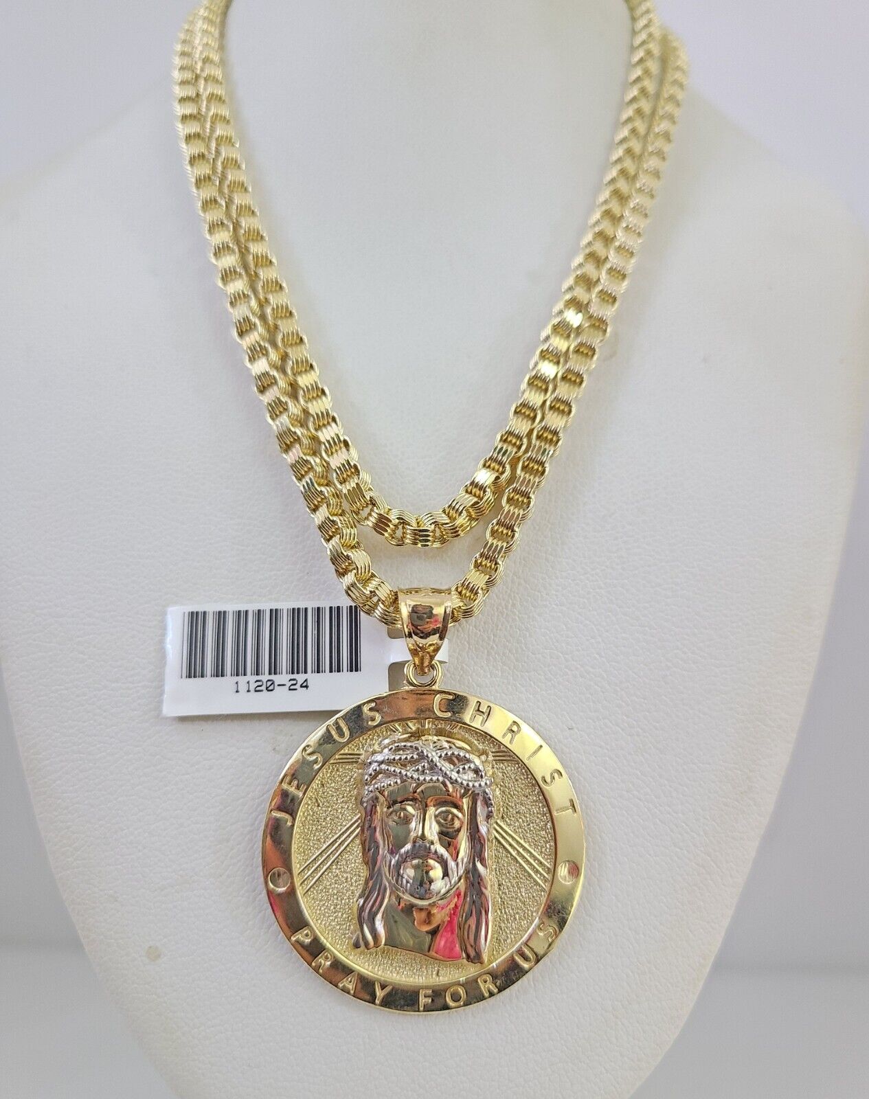 Real 10k Gold Byzantine Chain Jesus Charm Pendant SET 3mm 22 Inch Men's Necklace