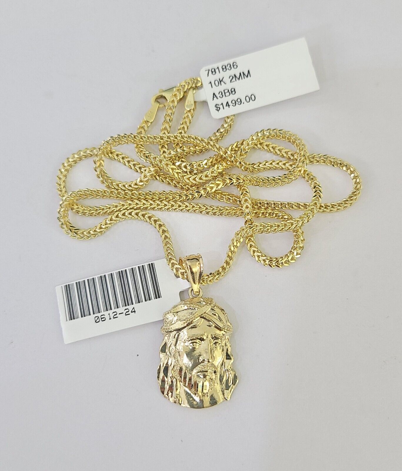 10K Franco Chain Jesus Head Pendant Charm Necklace 16"-24" 2mm Gold SET Yellow