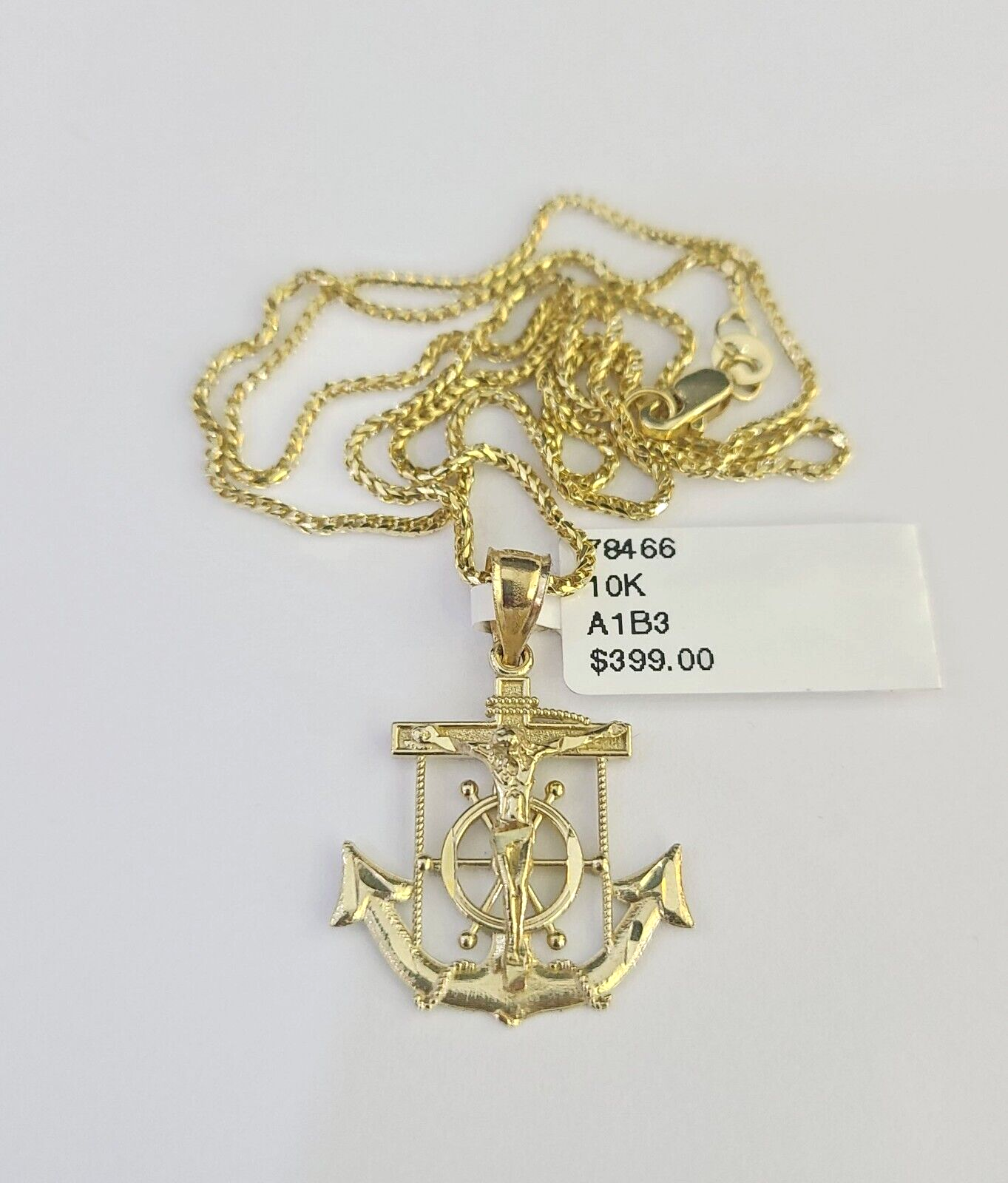 10K Solid Franco Chain Jesus Anchor Pendant Charm Necklace 16"-22" 1mm Gold