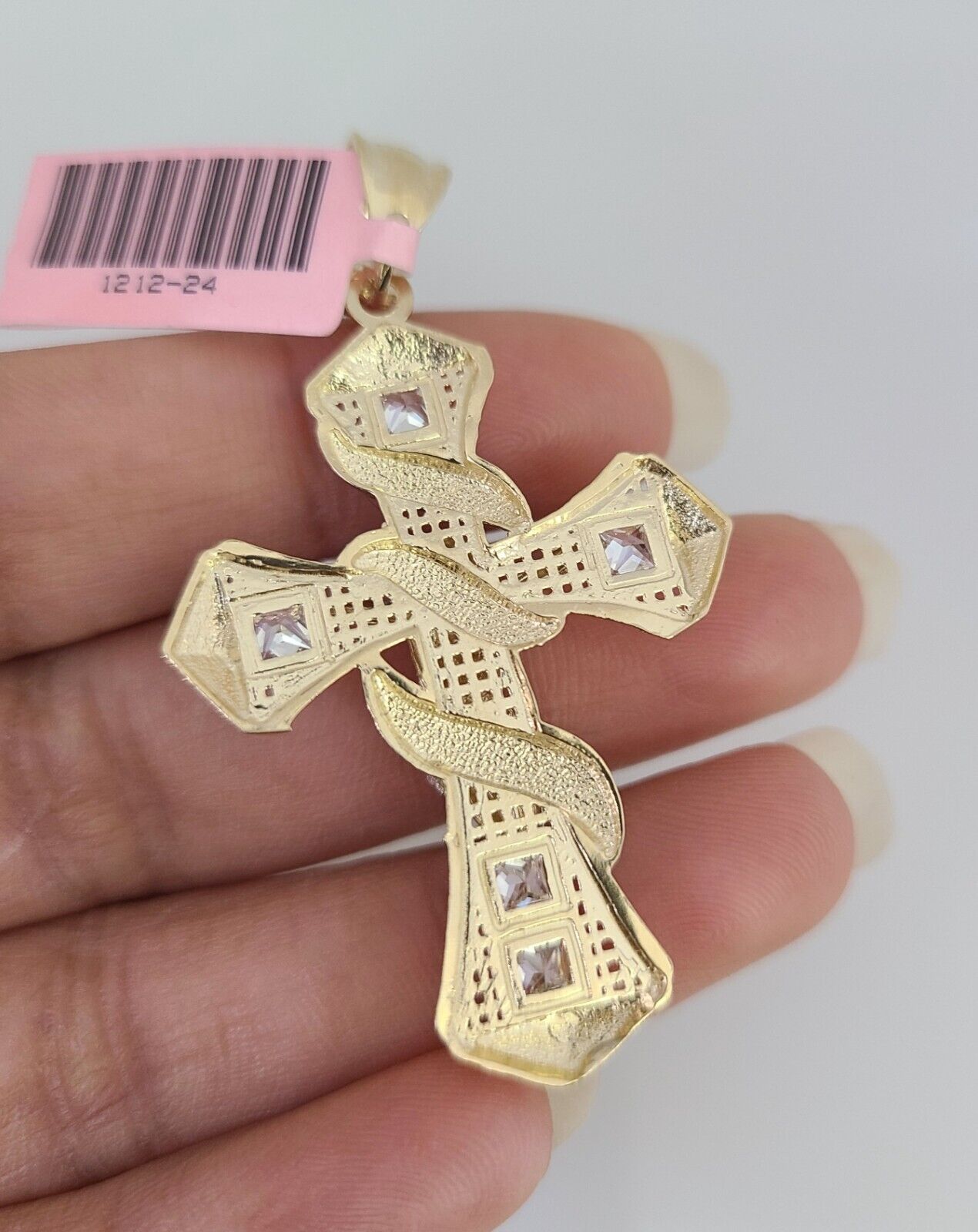 14K Gold Necklace Chain Jesus Spiral Cross Charm Turkish Byzantine 4mm 24"