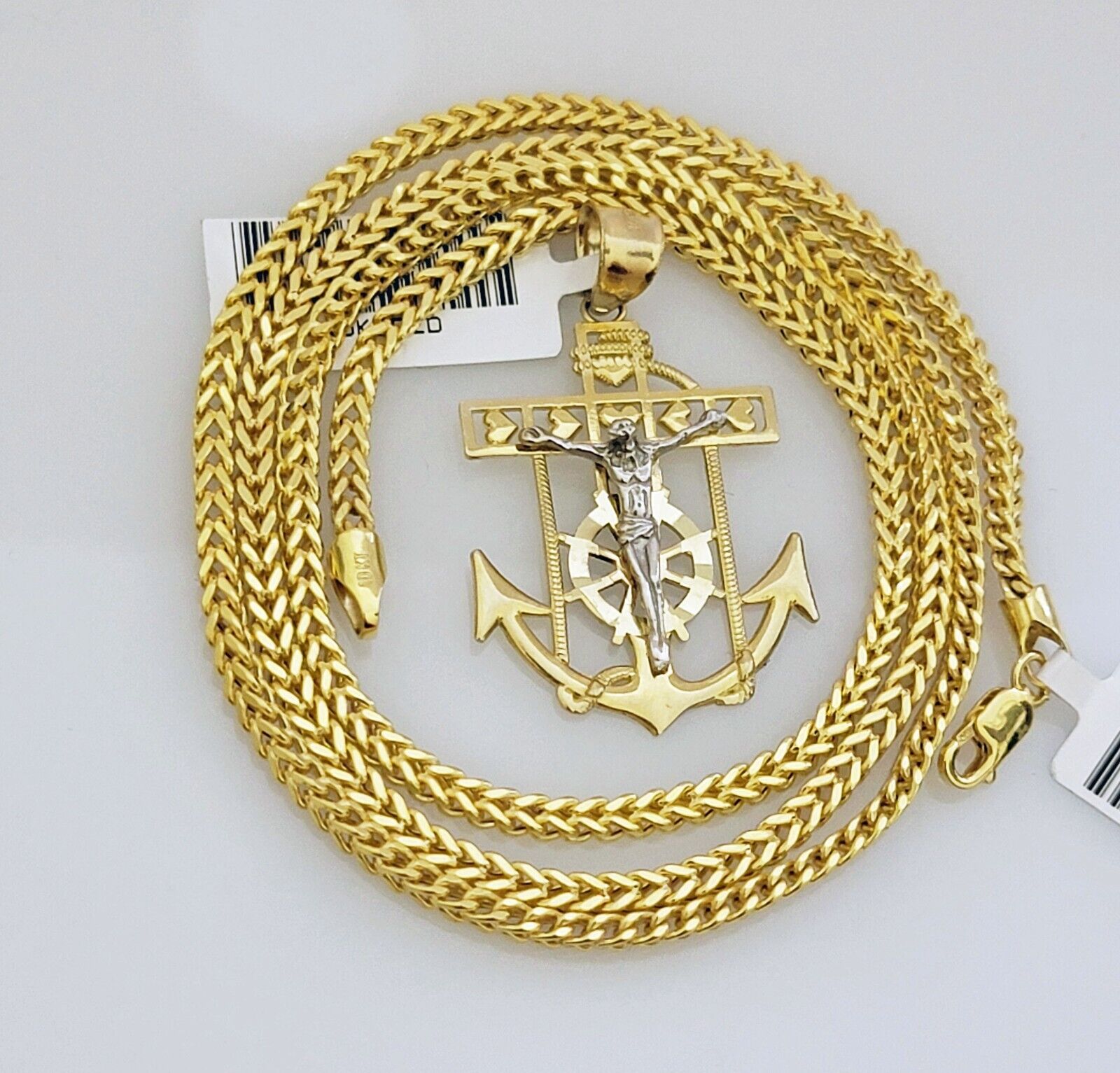 Real 10k Gold Franco Chain Anchor Cross Charm pendant Set 2.5mm Necklace 22 Inch