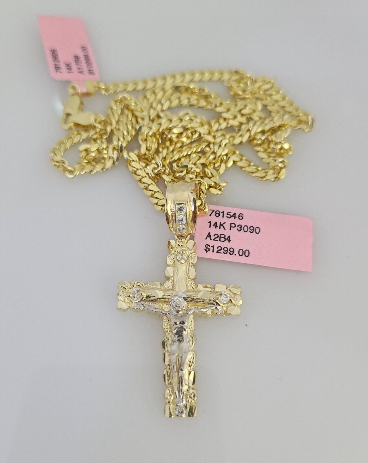 14k Gold Solid Chain 3mm Nugget Cross Pendant Set 14kt Miami Cuban Link Charm