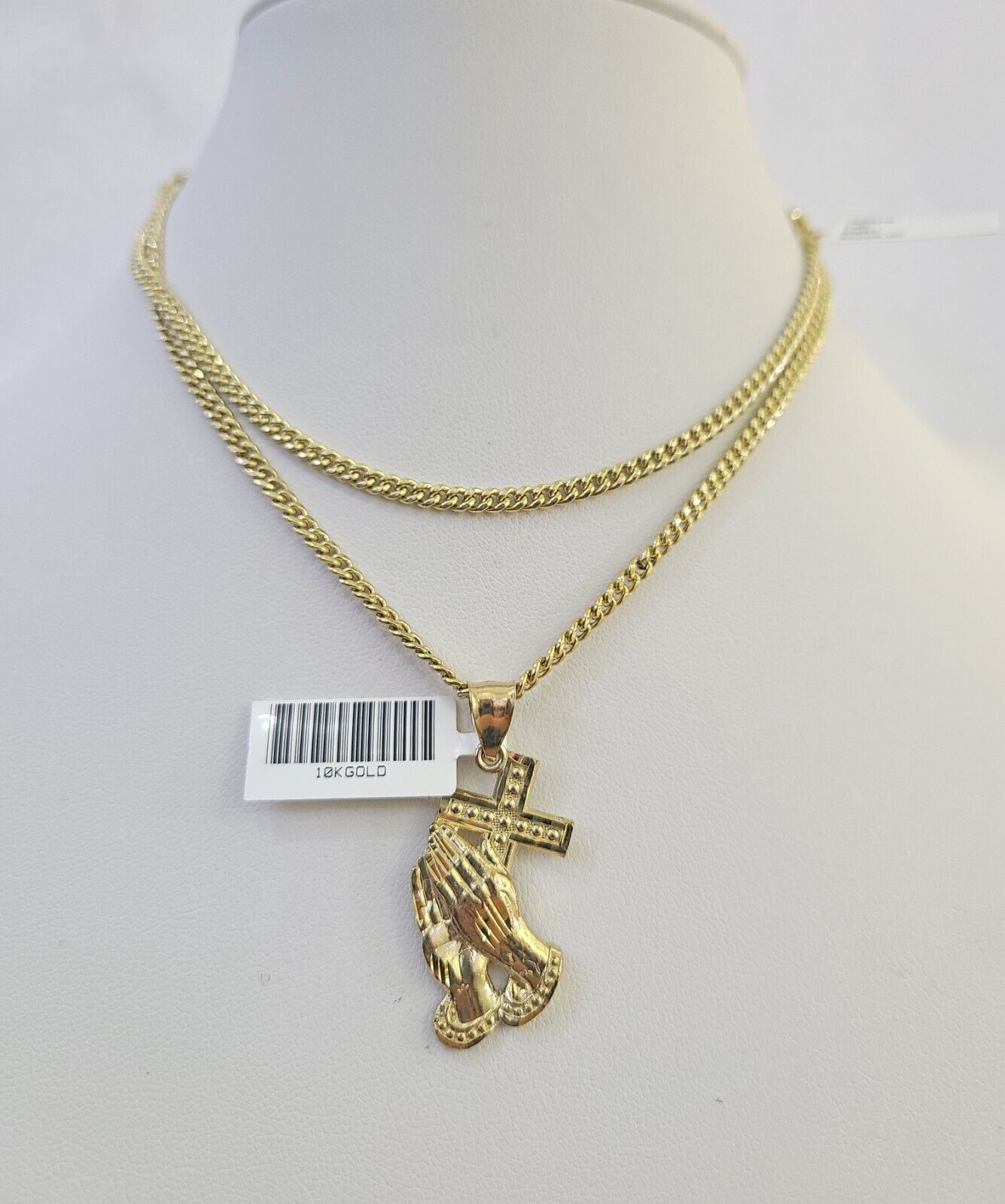 10K Gold Miami Cuban Chain Praying Hands Charm 18"-30" 3mm REAL Pendant