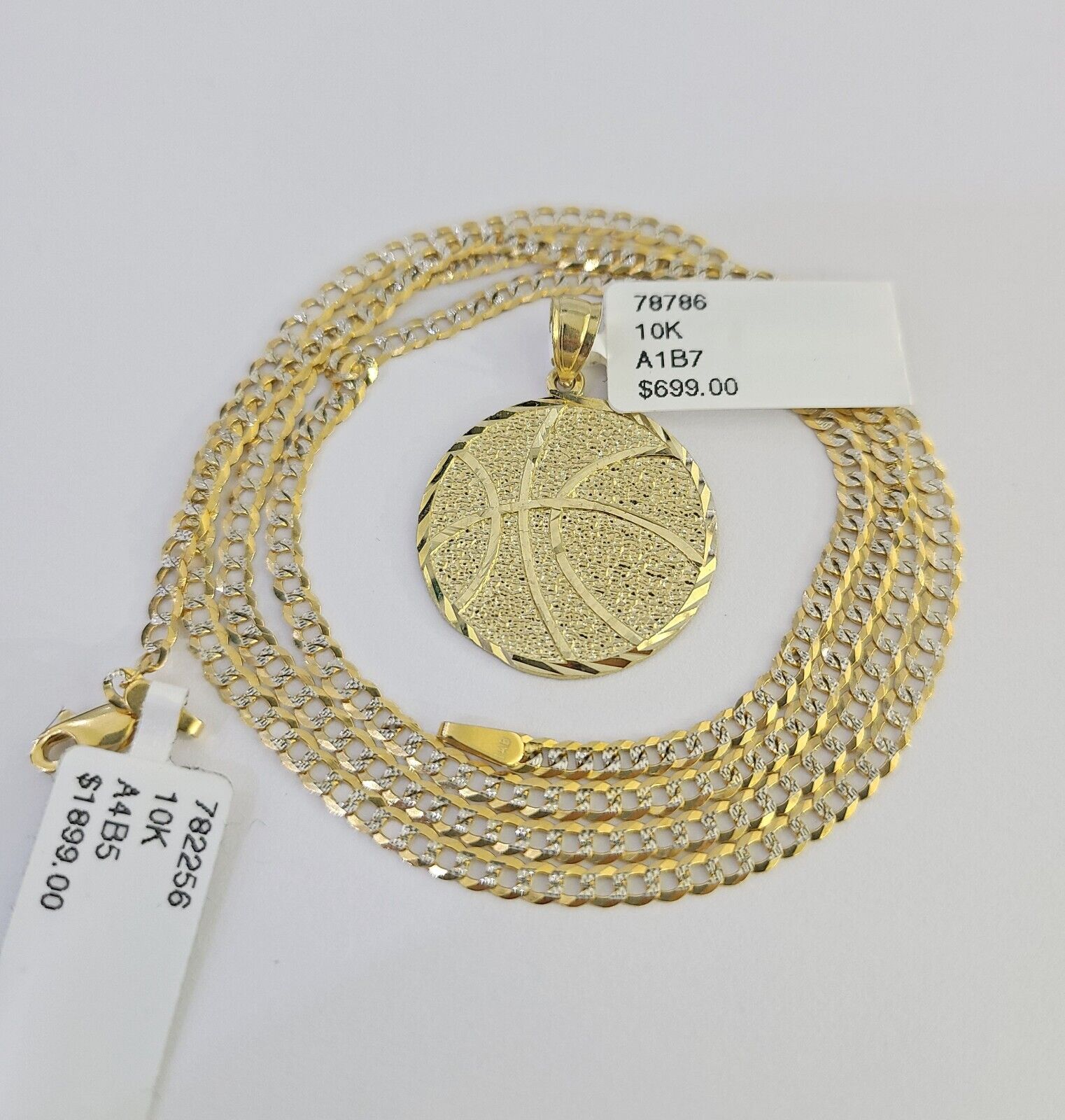 10k Solid Gold Cuban Curb Chain Basket Ball Pendant 2mm 18"-24" SET Necklace
