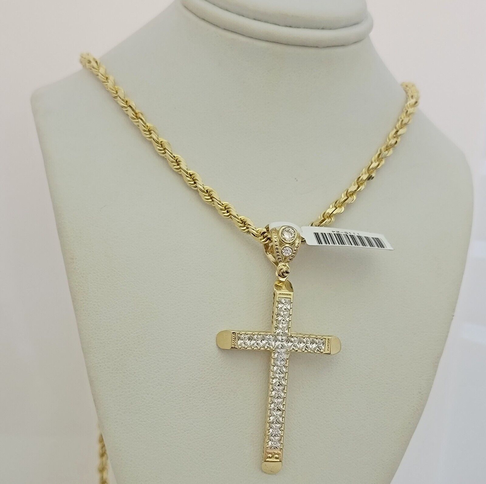 Real 10k Gold Chain Cross Charm Pendant Set Solid 4mm 22 Inch Rope Necklace Mens
