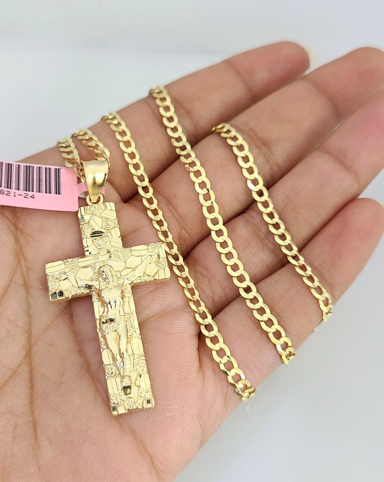 Real 14k Gold Chain Jesus Cross Pendant Set 14kt Cuban Curb Chain 4mm Charm