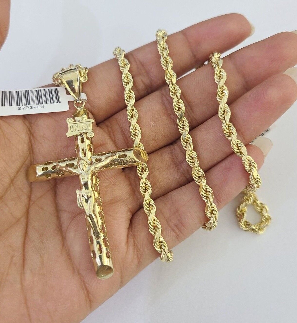 10k Solid Rope Chain INRI Jesus Cross Charm Set 4mm 20"-28" Necklace Gold Yellow
