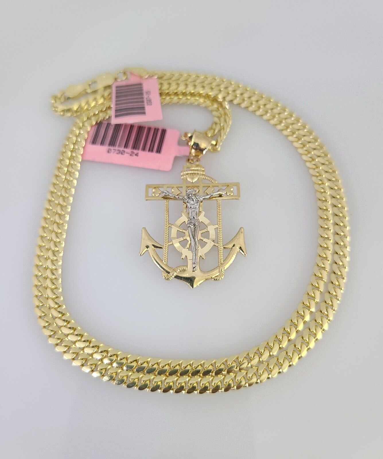 14k Gold Solid Chain Jesus Anchor Pendant Set 14kt Miami Cuban Link 3mm Charm
