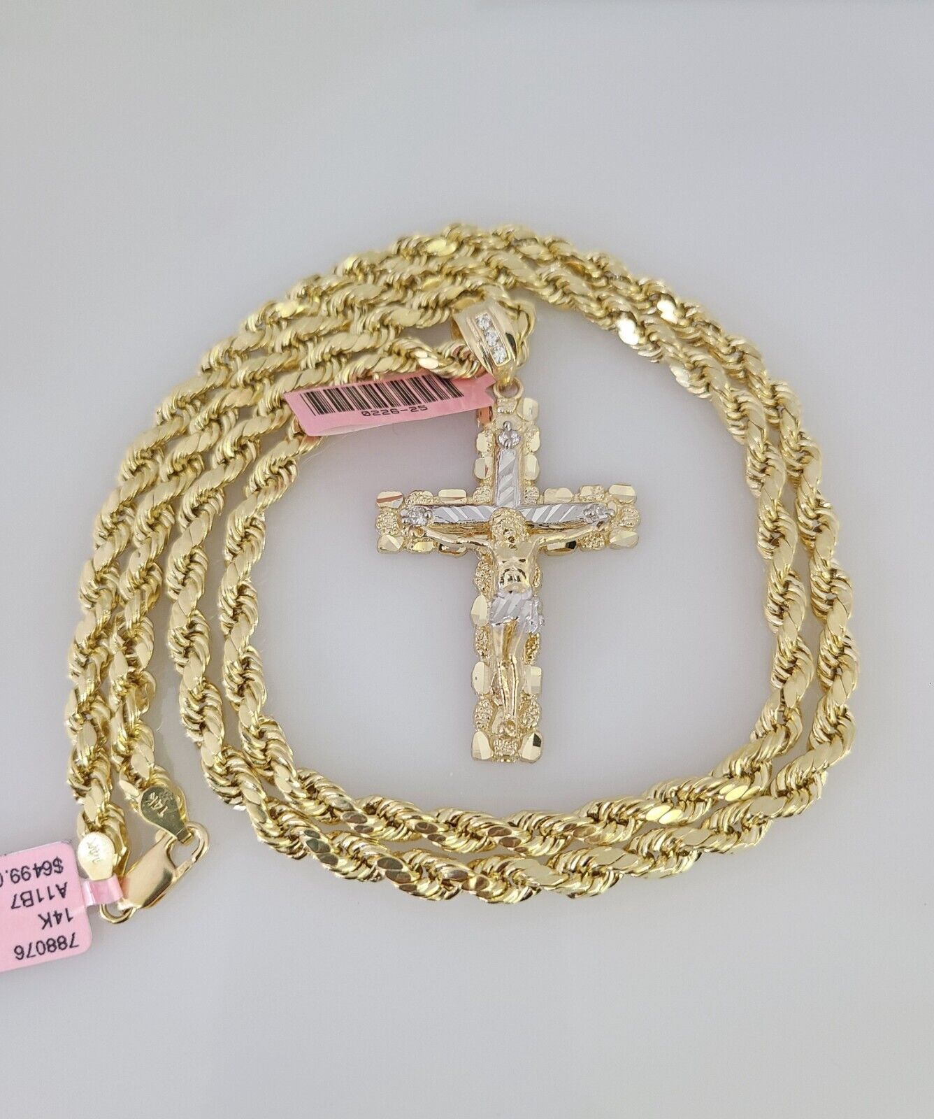 14k Gold Rope Chain Necklace Set 6mm Nugget Cross Charm Pendant 18"-28" inch