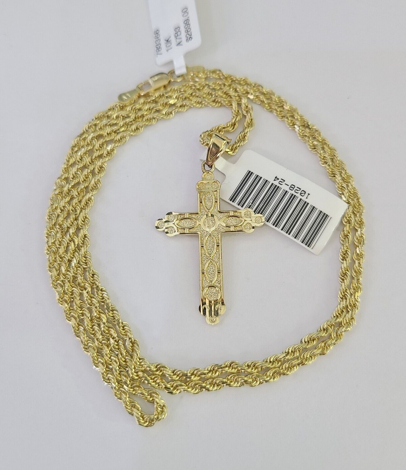 10k Solid Rope Chain 2mm Jesus Cross Pendant Charm Necklace SET 18-24 in