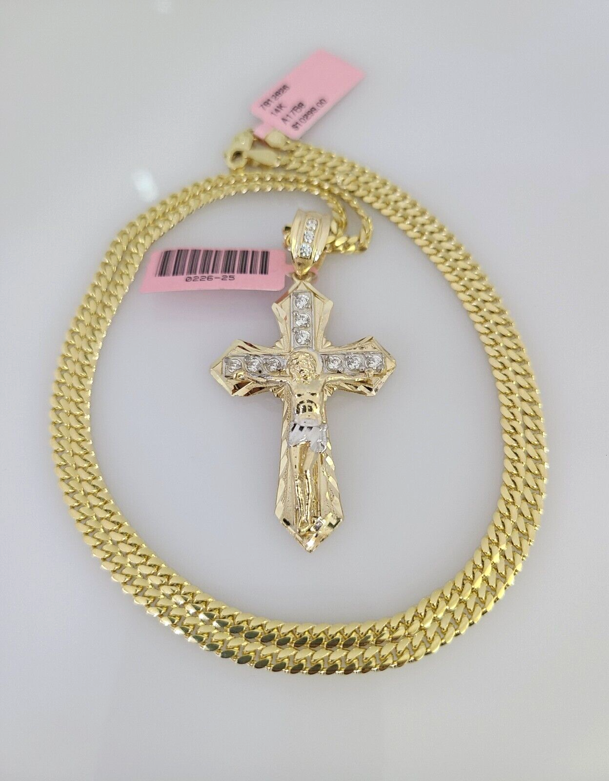 14k Gold Solid Chain Jesus Cross Pendant Set 14kt Miami Cuban Link 3mm Charm