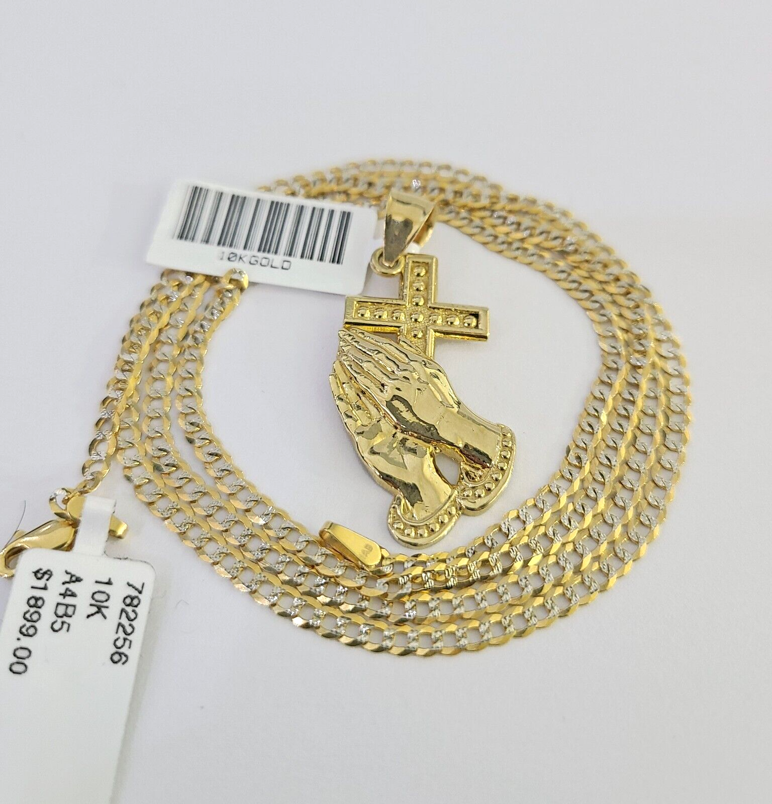 10k Solid Gold Cuban Curb Chain Praying Hands Pendant 2mm 18"-24" SET Necklace