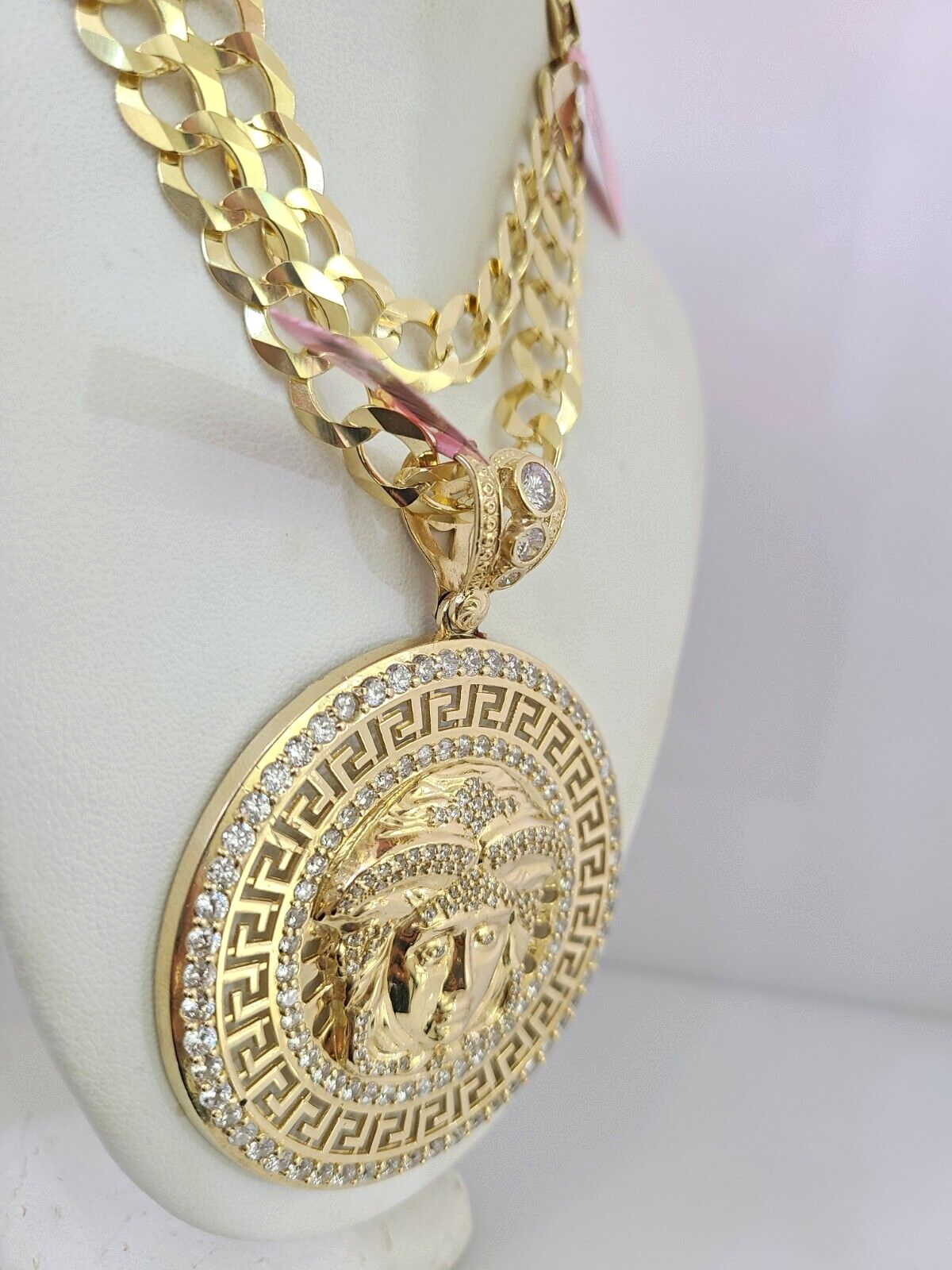 14k Gold Chain Medusa Head Charm Solid Cuban Curb 10mm 20"-30" SET Necklace