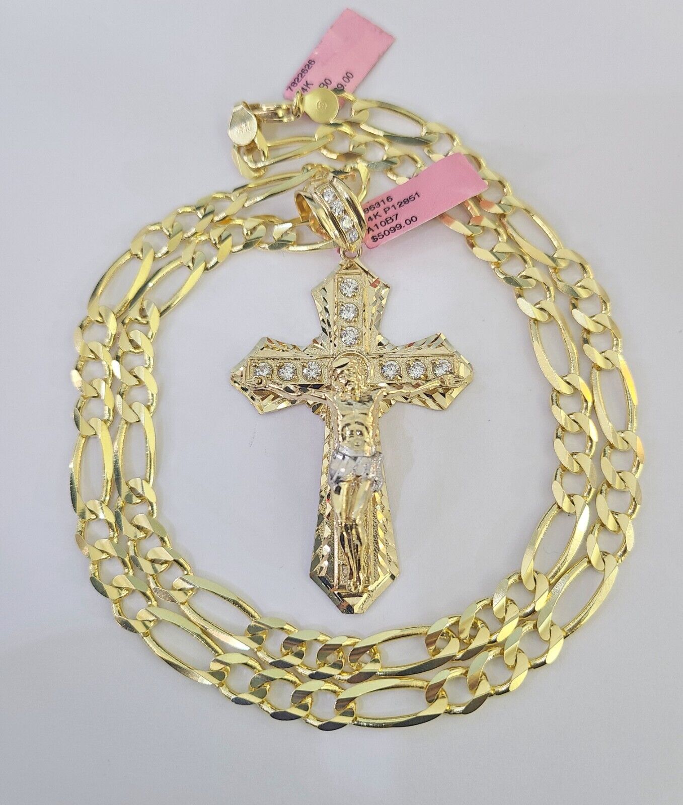14k Figaro Chain Jesus Cross Charm Pendant Gold 7mm 20-30 inch SET Necklace