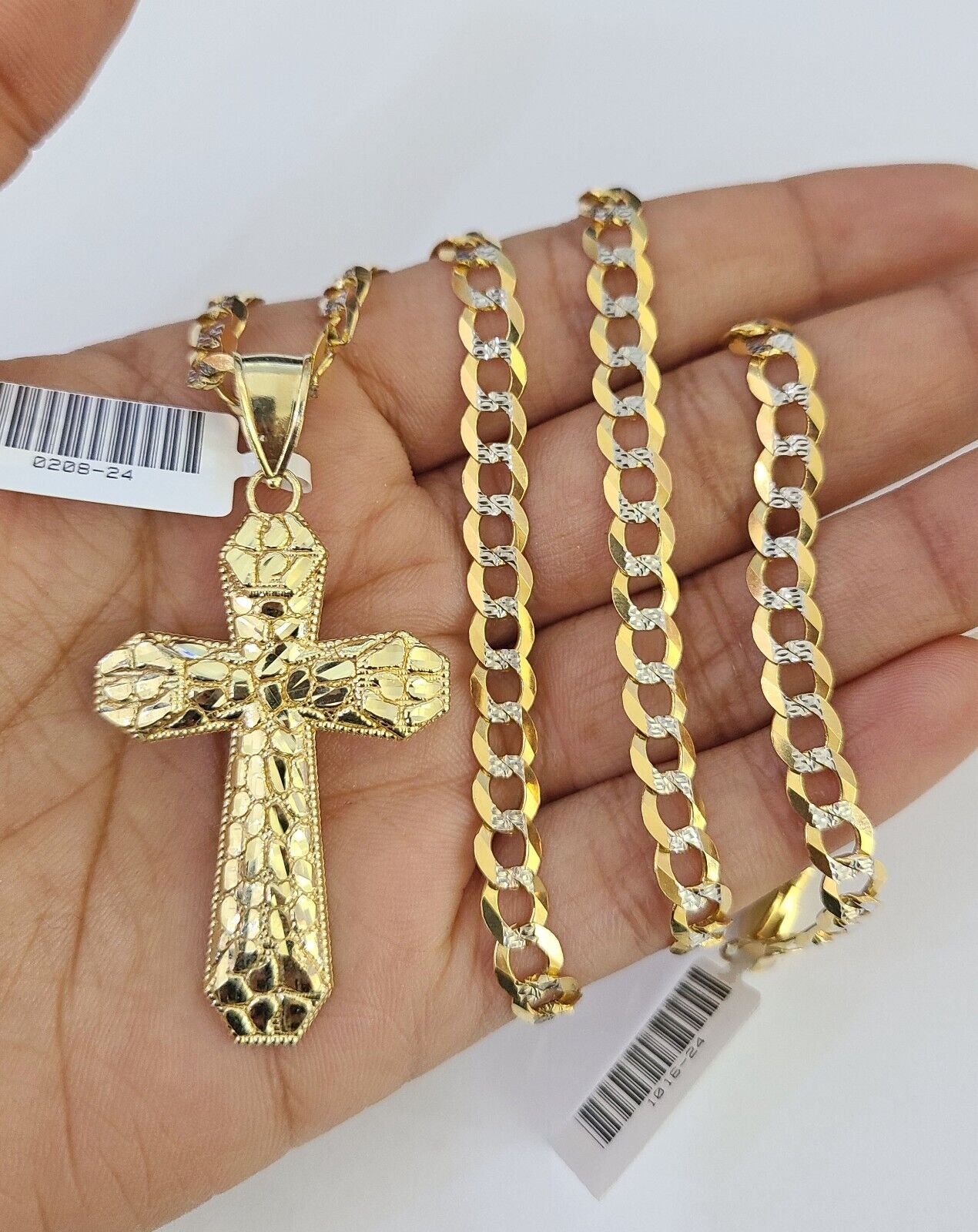 10k Solid Gold Cuban Curb Chain Jesus Cross Pendant 6mm 20"-30" SET Necklace