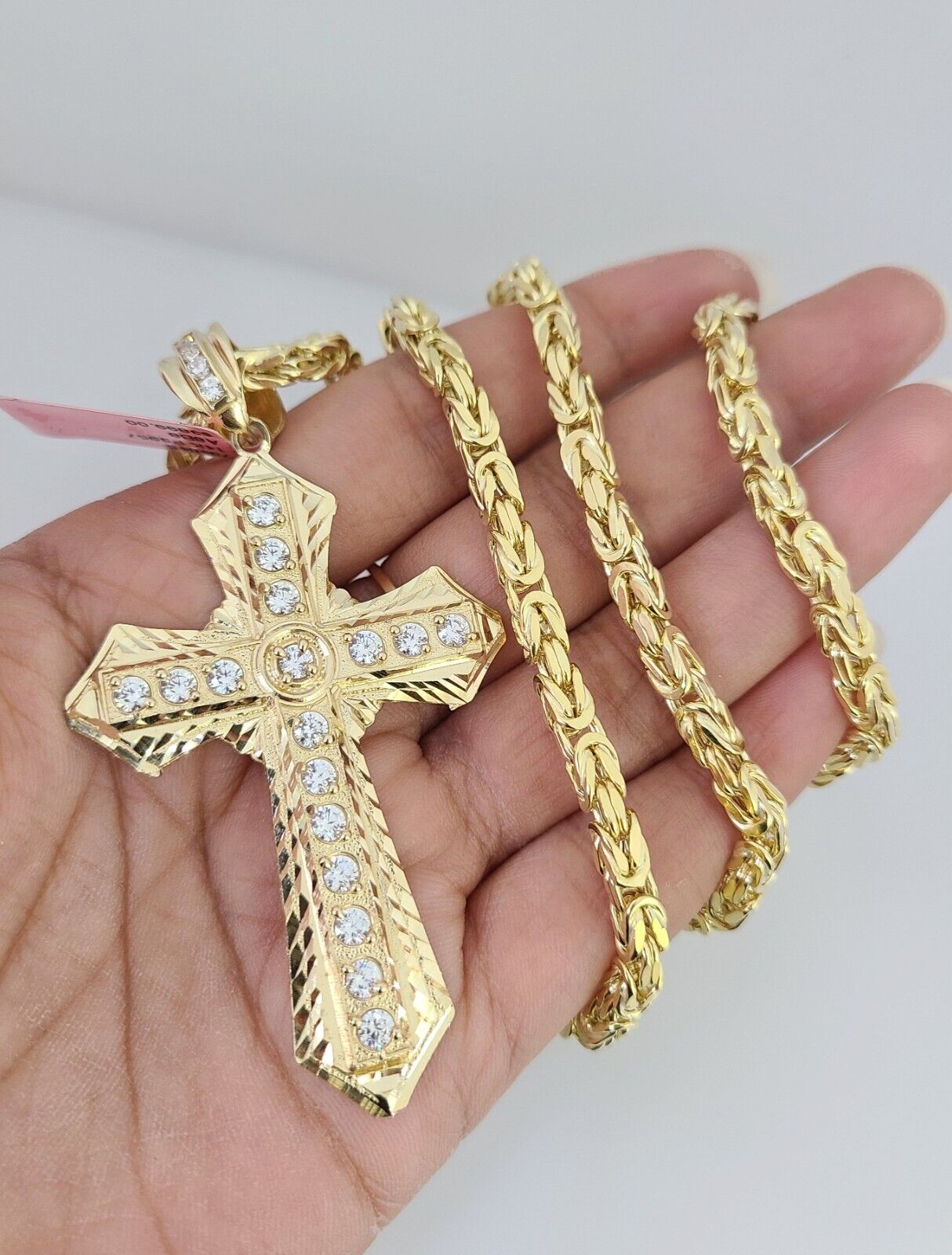 14K Gold Necklace Chain Jesus Cross Charm Turkish Byzantine 4mm 24" Pendant