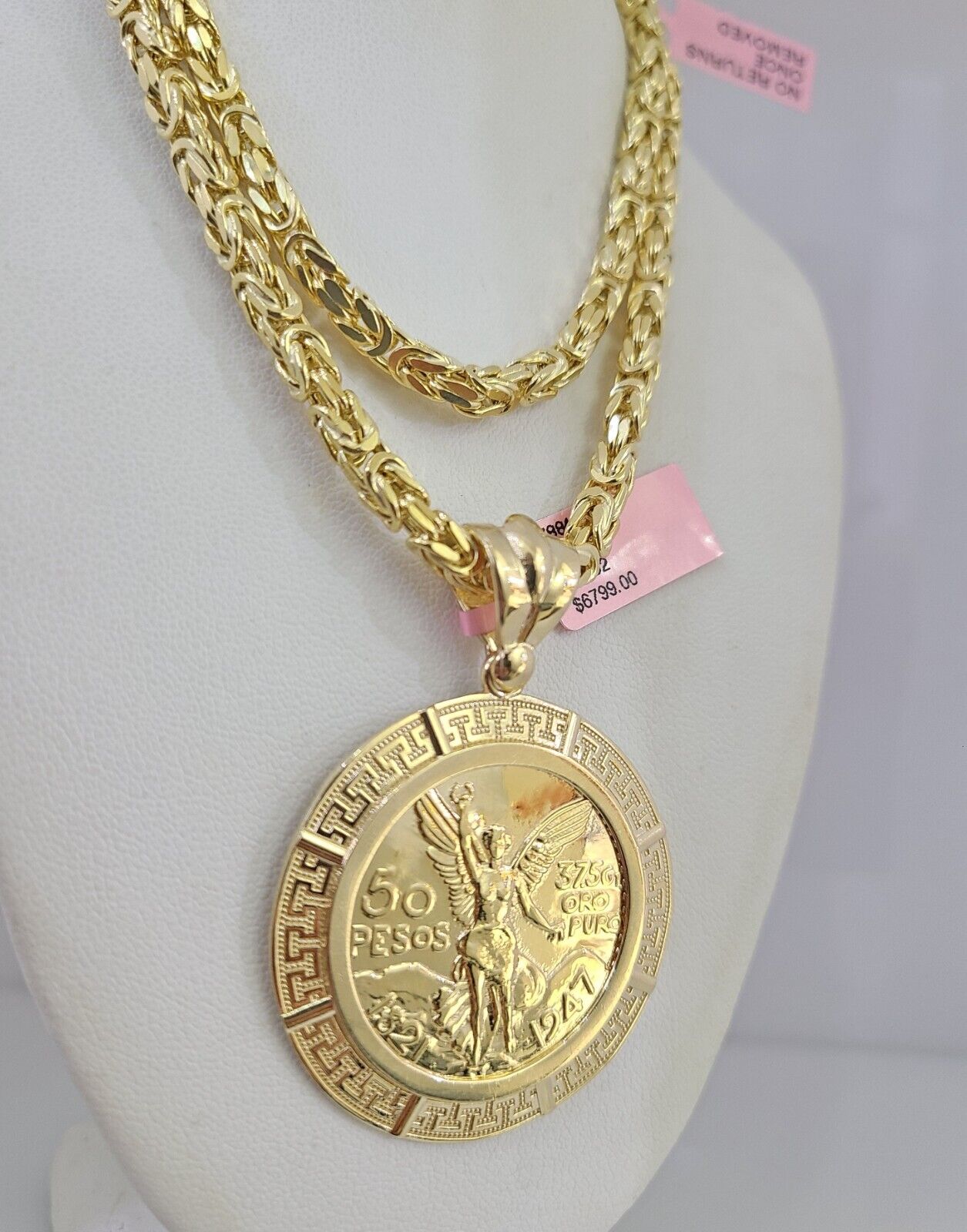 14K Gold Necklace Chain Mexican Coin Charm Turkish Byzantine 4mm 24" Pendant