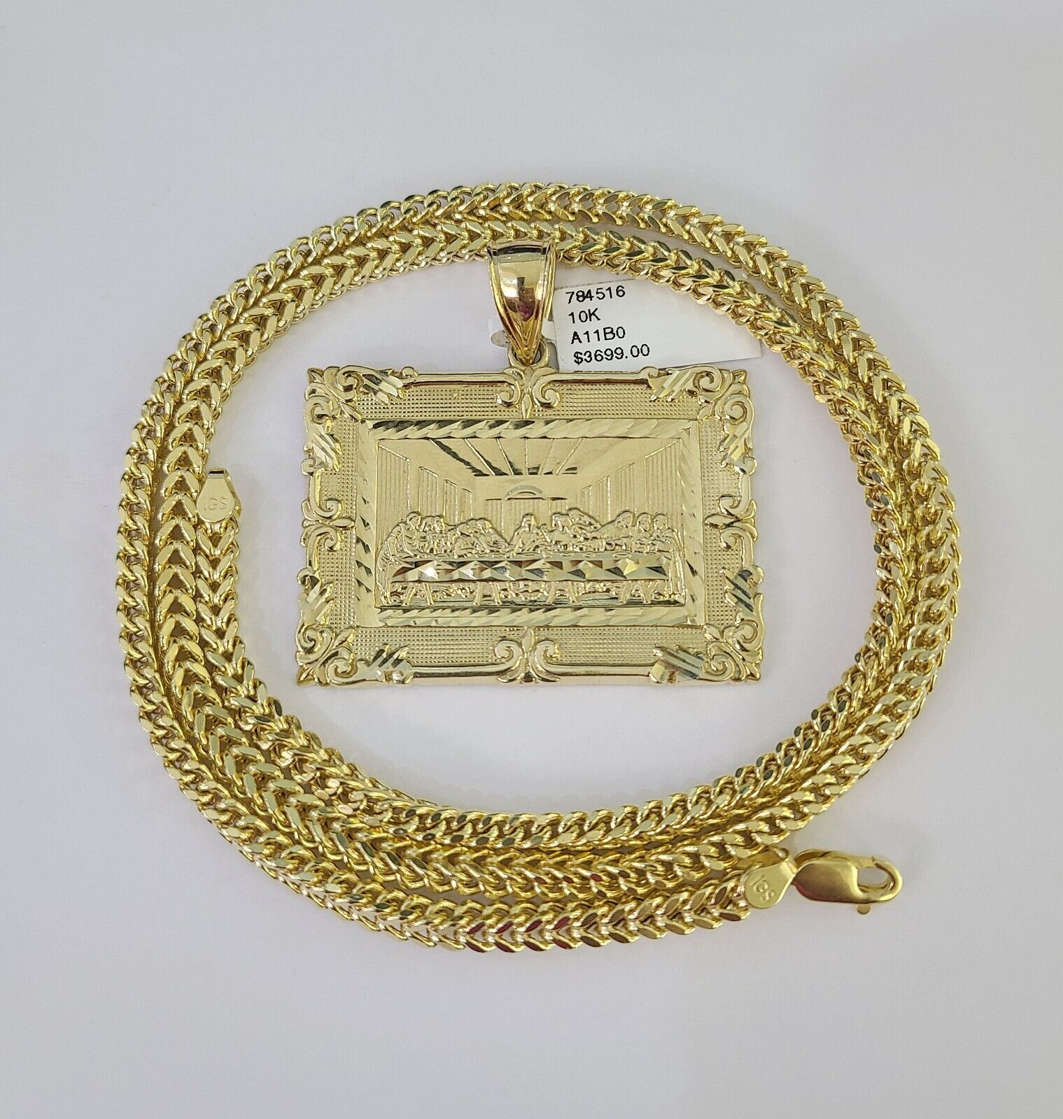 10K Franco Chain Last Supper Pendant Charm Necklace 20"-28" 4mm Yellow Gold SET