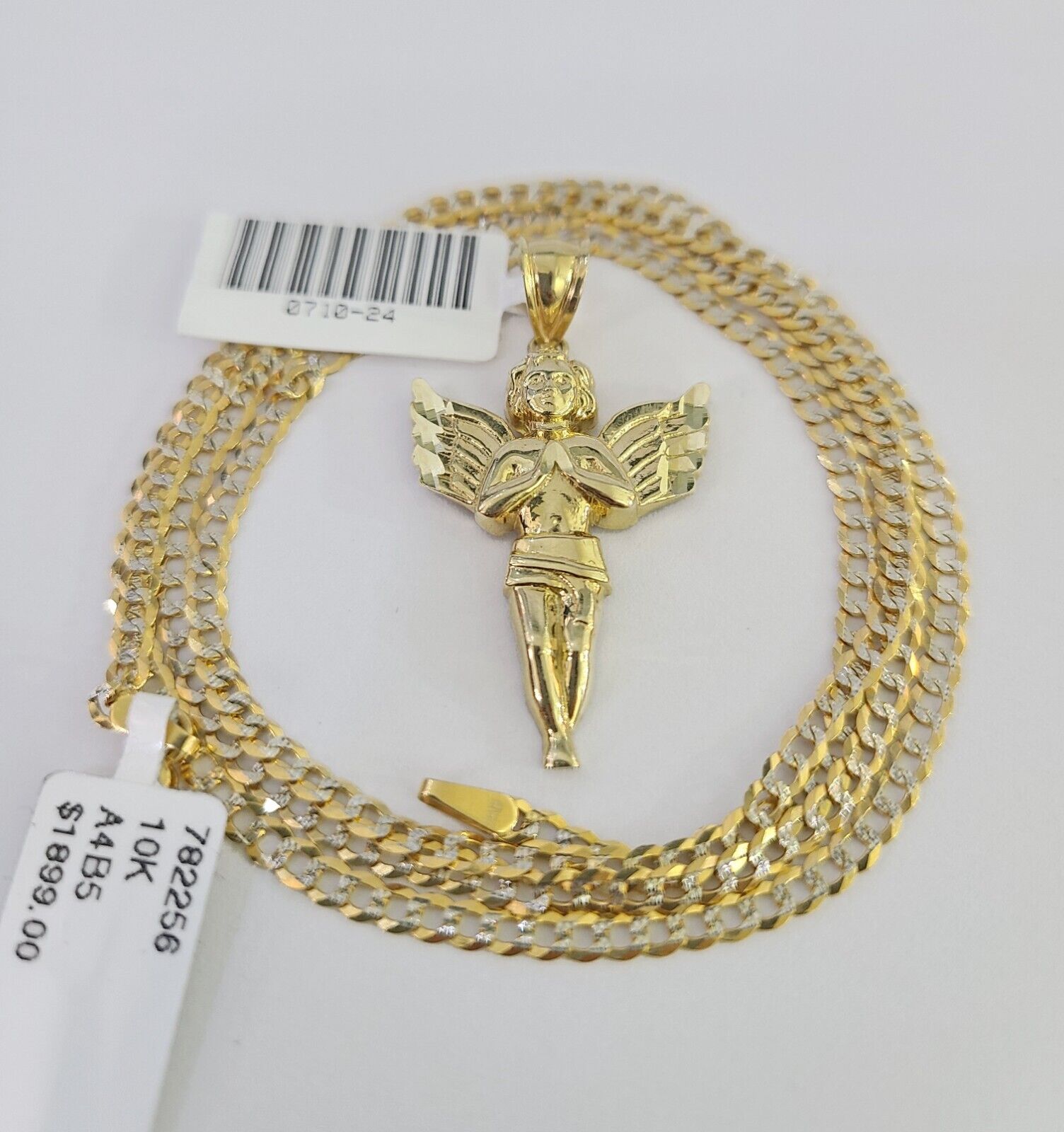 10k Solid Gold Cuban Curb Chain Praying Angel Pendant 2mm 18"-24" SET Necklace