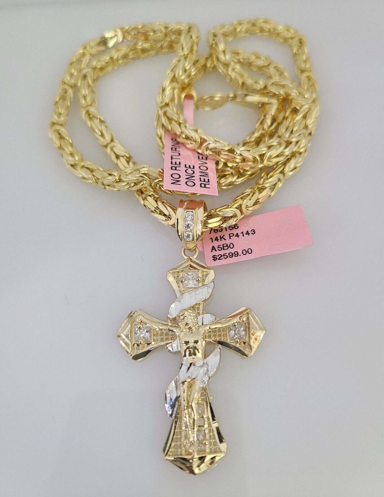 14K Gold Necklace Chain Jesus Spiral Cross Charm Turkish Byzantine 4mm 24"