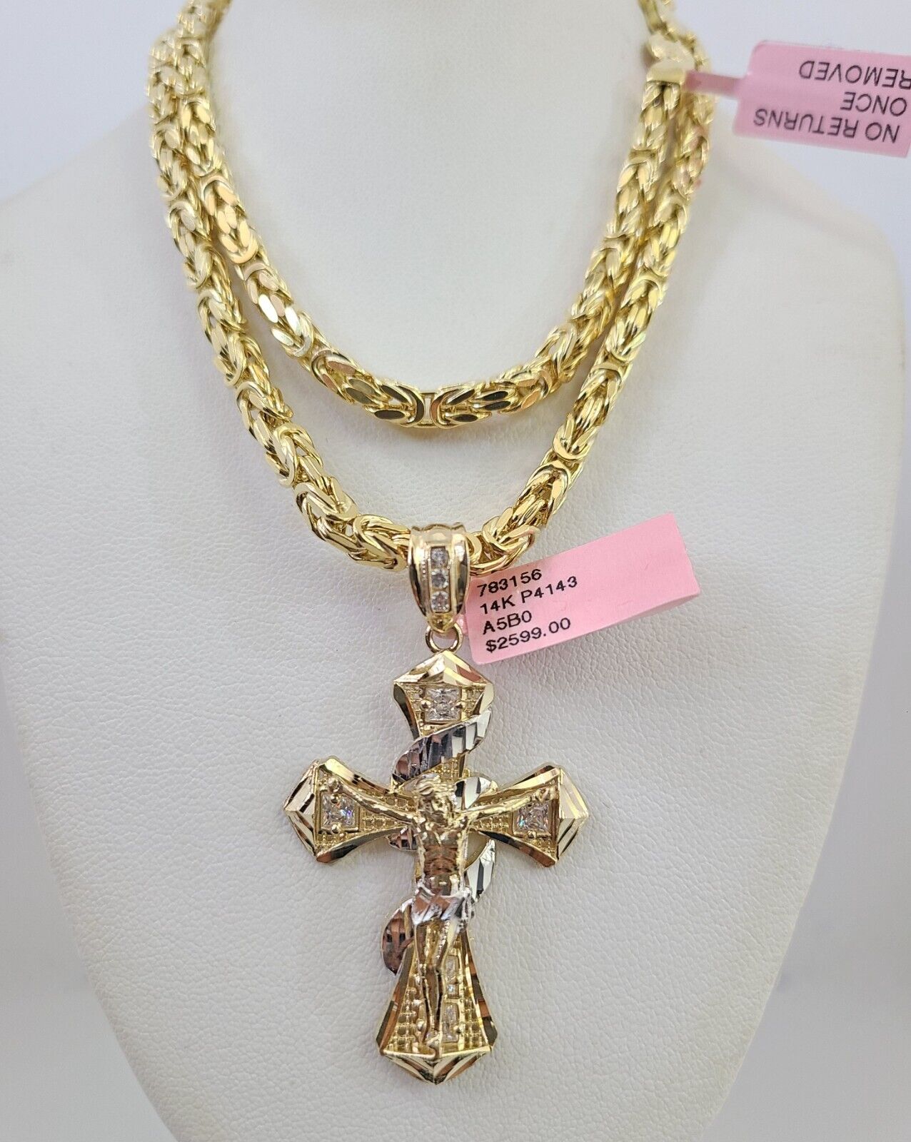 14K Gold Necklace Chain Jesus Spiral Cross Charm Turkish Byzantine 4mm 24"