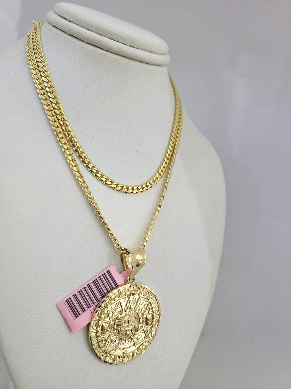 14k Gold Solid Chain Mayan Calendar Pendant Set 14kt Miami Cuban Link 3mm Charm