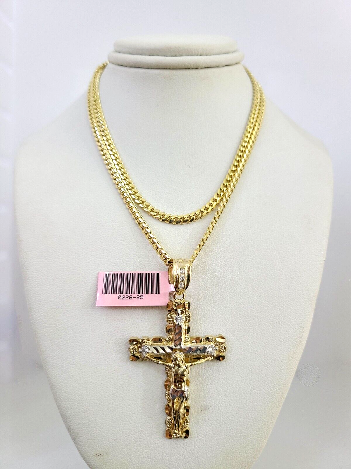 14k Gold Solid Chain Nugget Cross Pendant Set 14kt Miami Cuban Link 3mm Charm