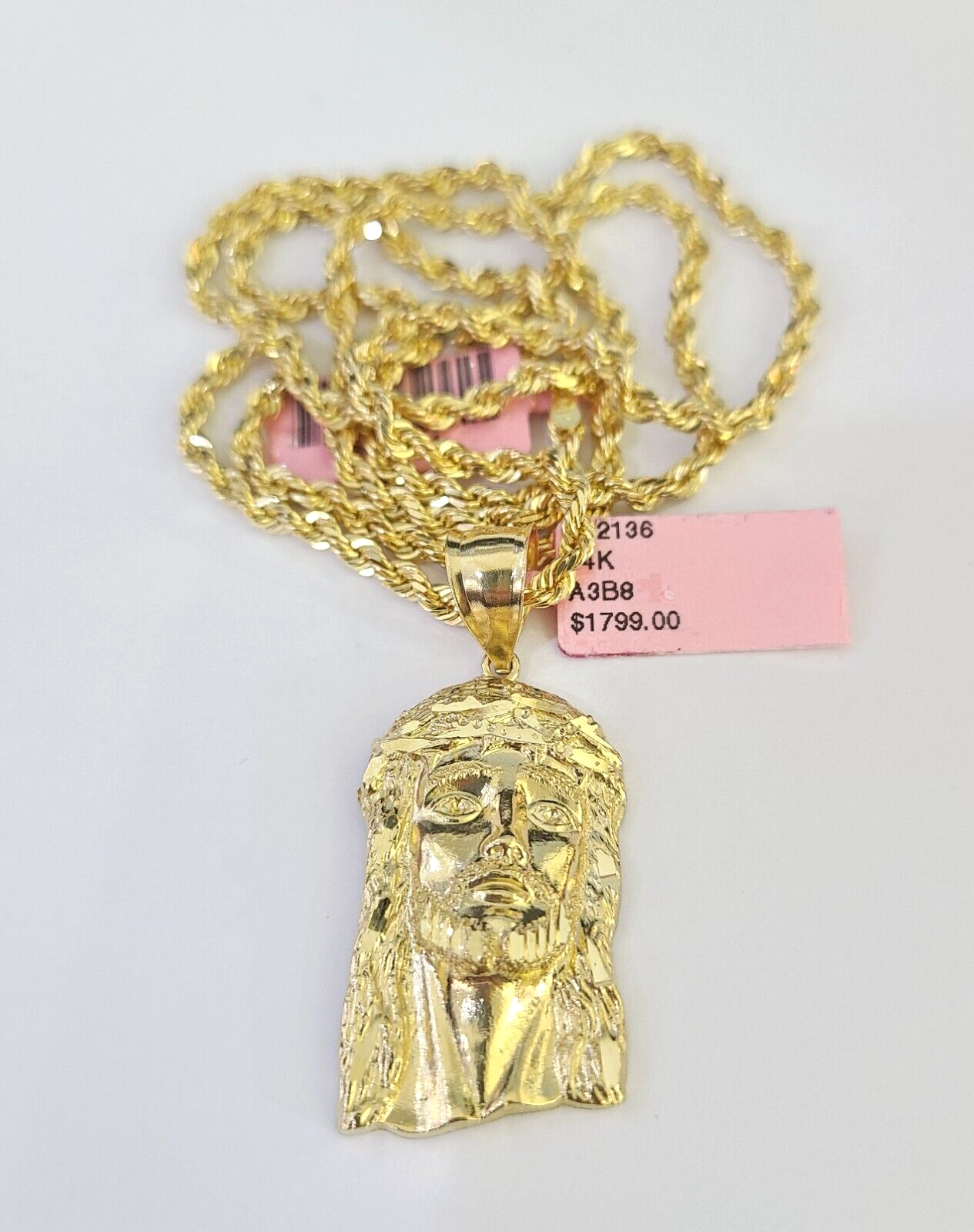 Real 14k Solid Rope Chain Jesus Head Charm Set 3mm 18"-26" Necklace Yellow Gold