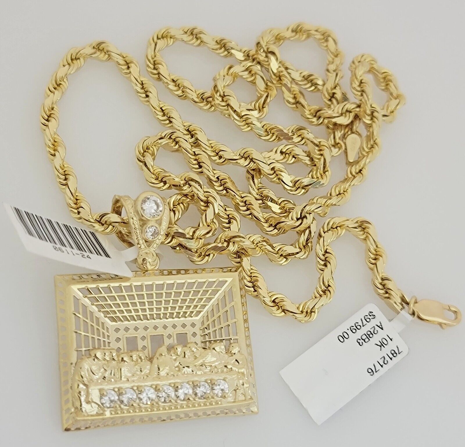 Real 10k Gold Chain Pendant SET Last Supper Charm Solid Rope Necklace 4mm 24Inch