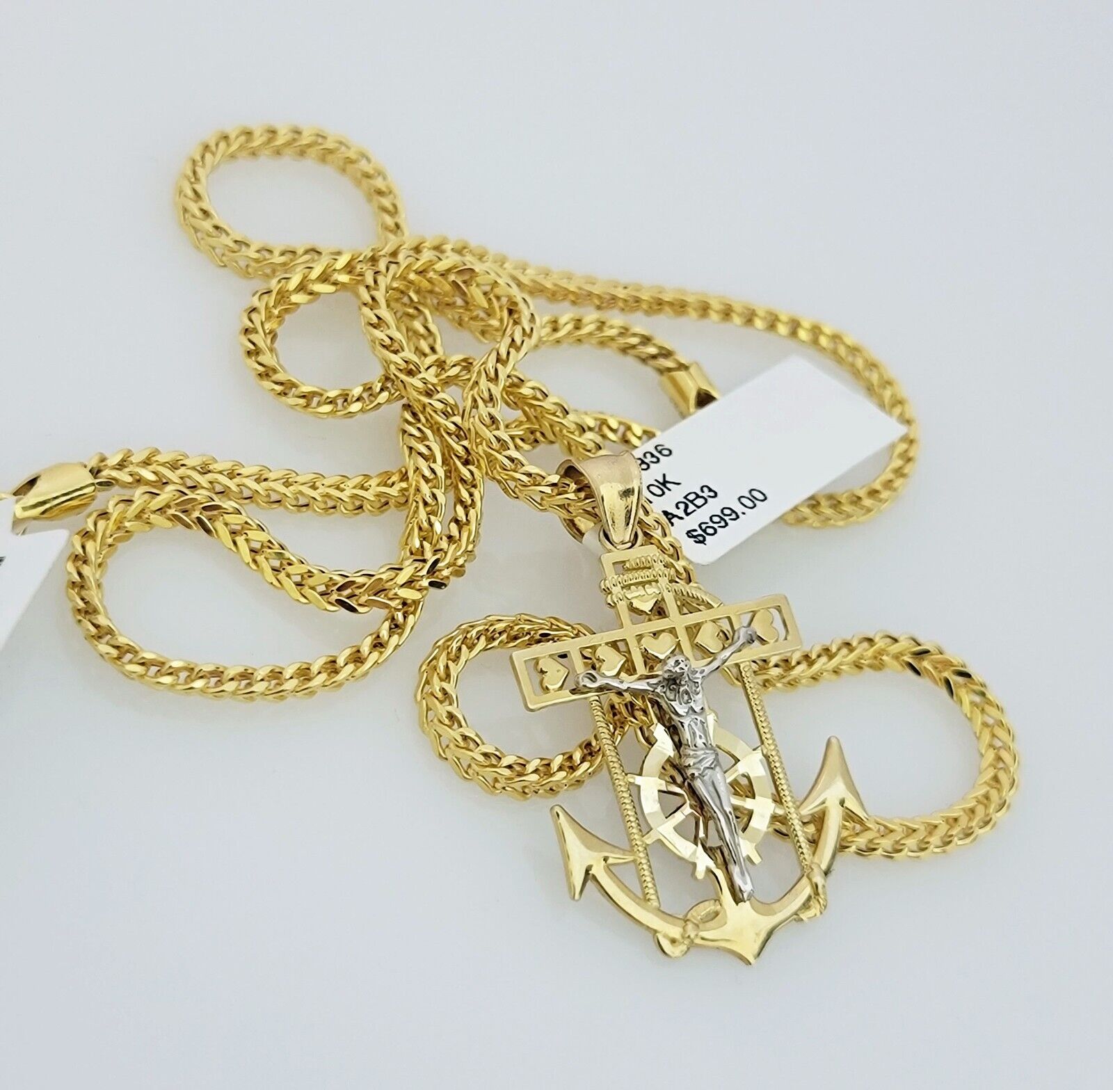 Real 10k Gold Franco Chain Anchor Cross Charm pendant Set 2.5mm Necklace 22 Inch