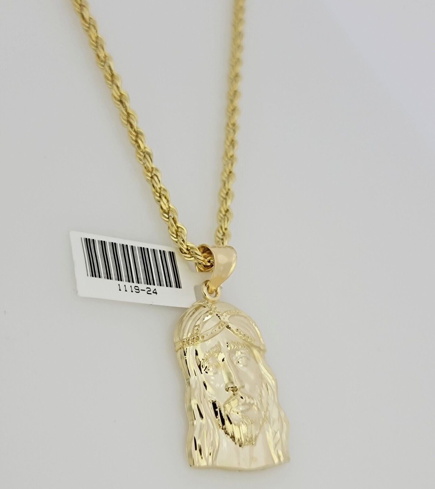 Real 10k Gold Rope Chain Jesus Head Charm Pendant Set 3mm Necklace 24 Inch SOLID