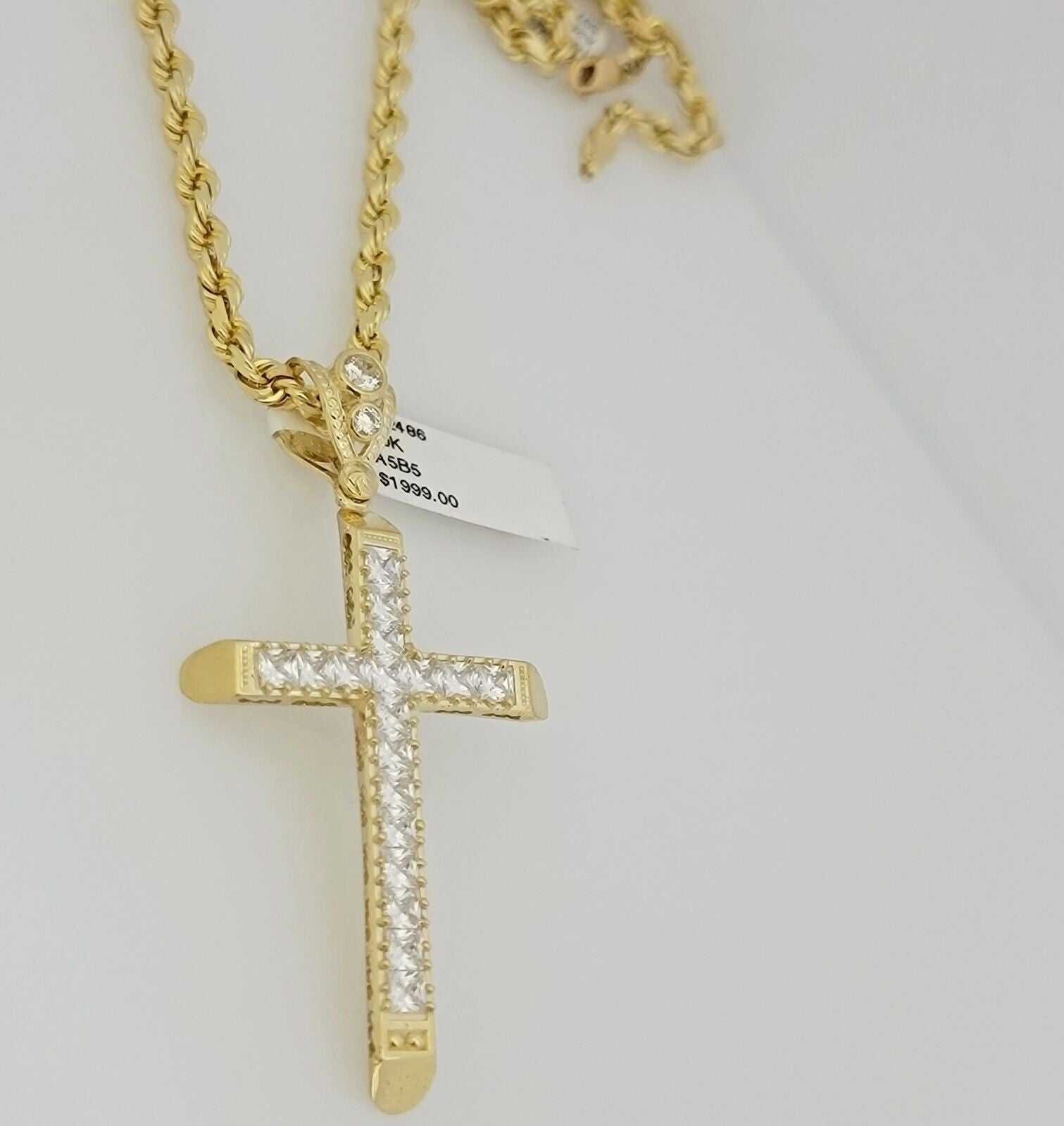 Real 10k Gold Chain Cross Charm Pendant Set Solid 4mm 22 Inch Rope Necklace Mens