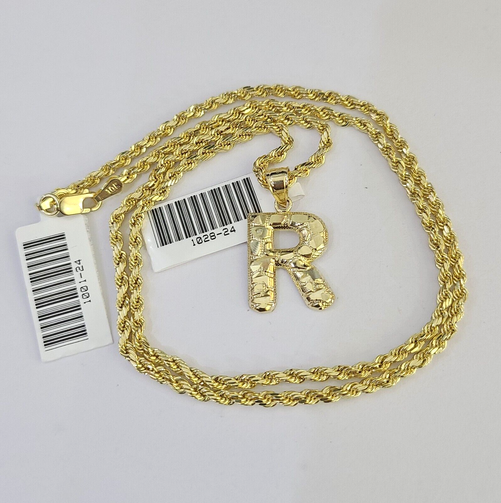 10k Gold Initial R Charm Rope Chain 16"-26" 2.5mm SET Necklace Alphabet Pendant