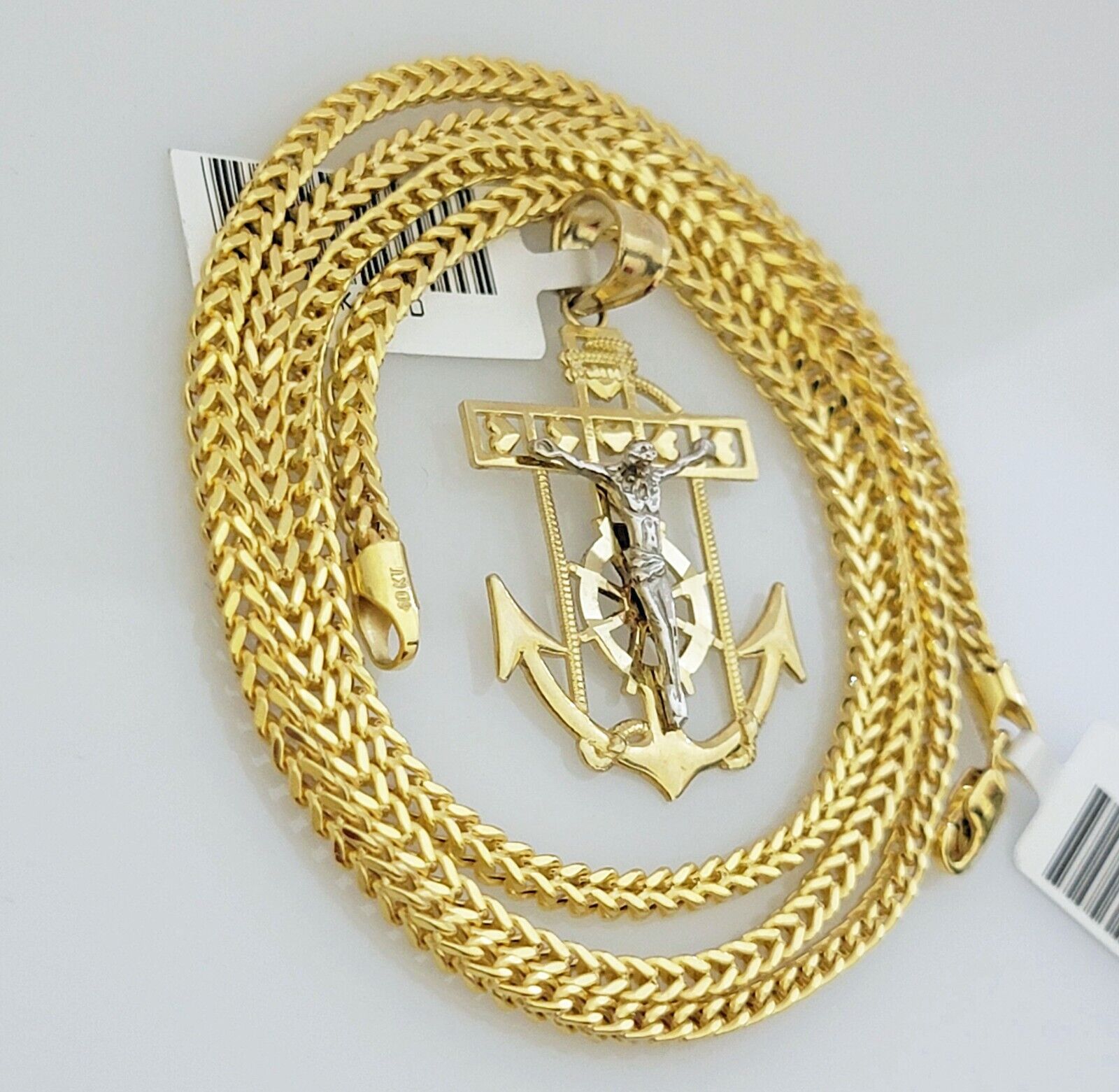Real 10k Gold Franco Chain Anchor Cross Charm pendant Set 2.5mm Necklace 24 Inch