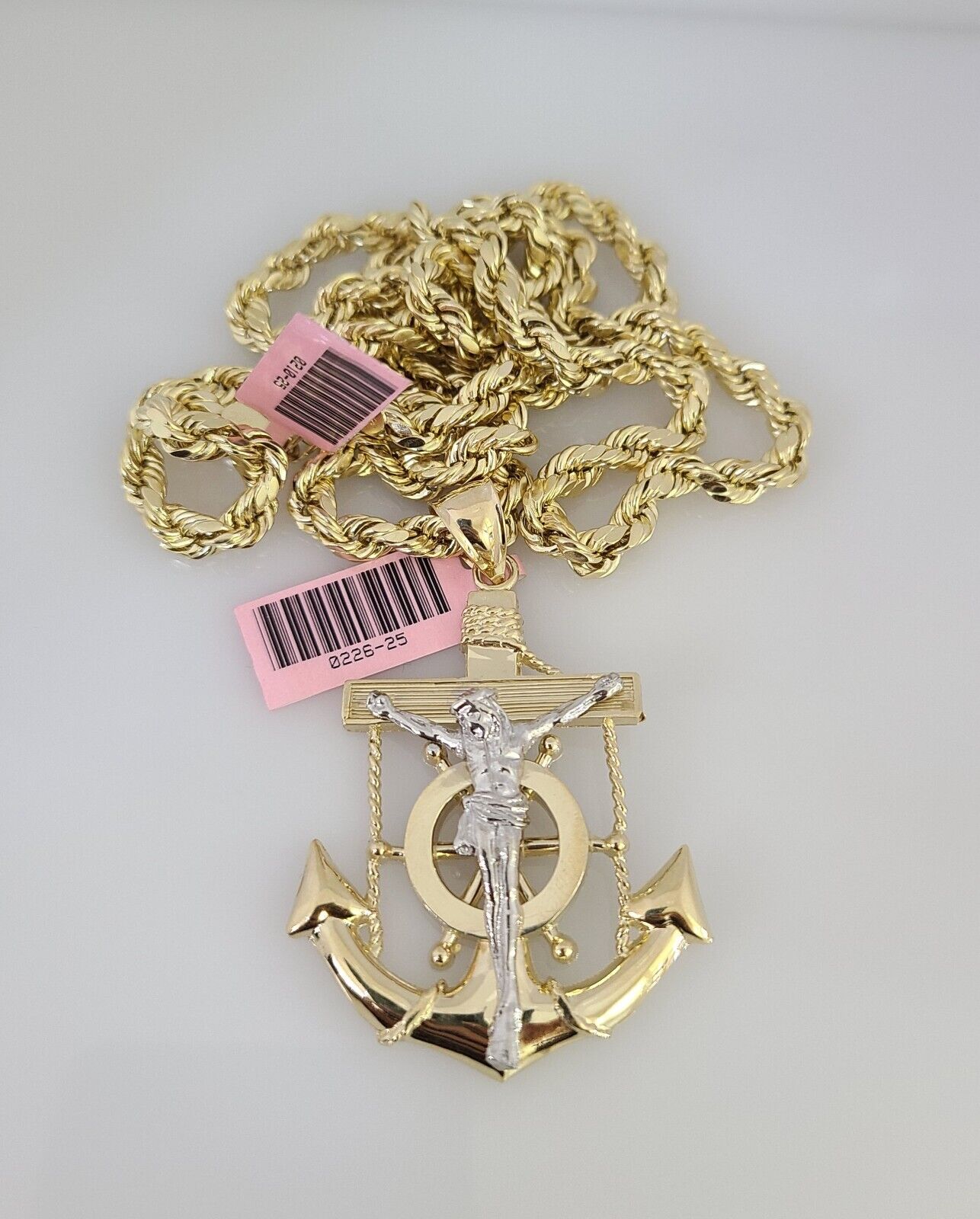 14k Gold Rope Chain Necklace Set 6mm Jesus Anchor Charm Pendant 18"-28" inch