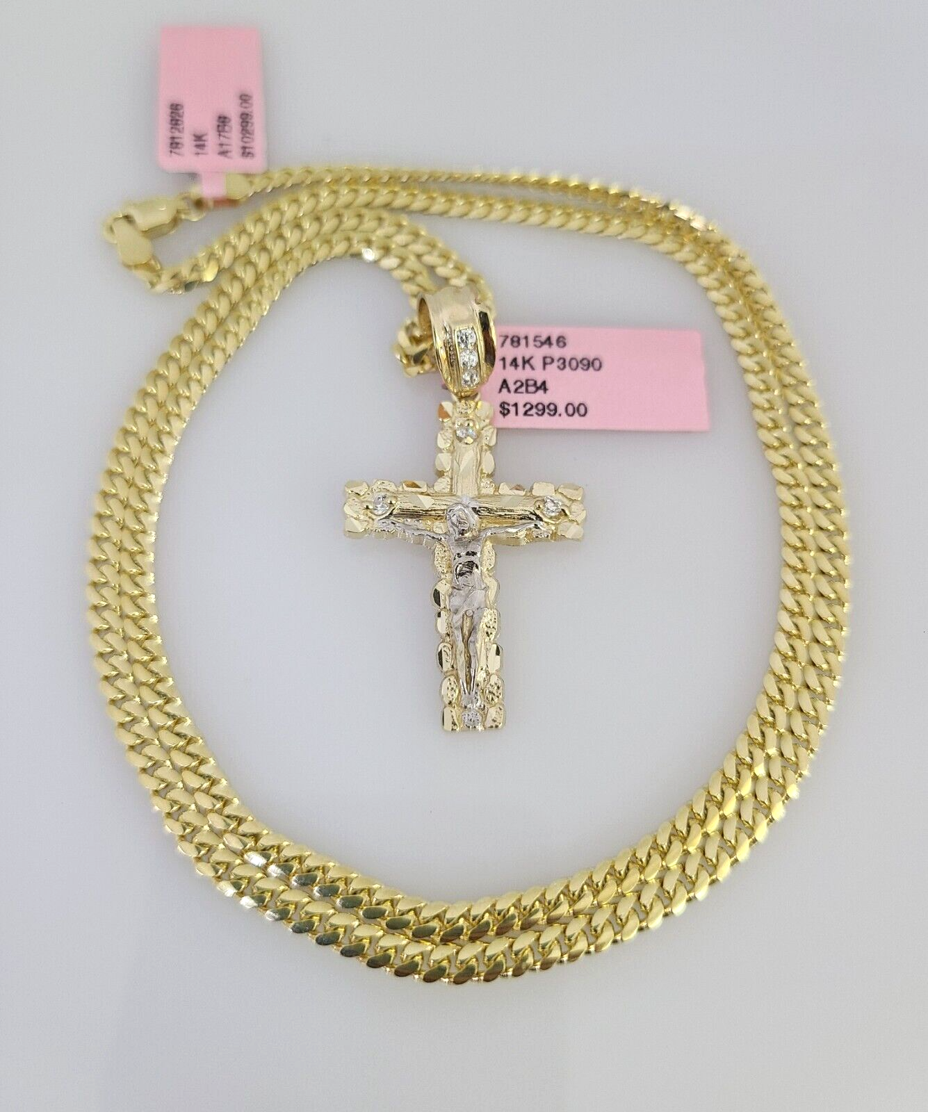 14k Gold Solid Chain 3mm Nugget Cross Pendant Set 14kt Miami Cuban Link Charm