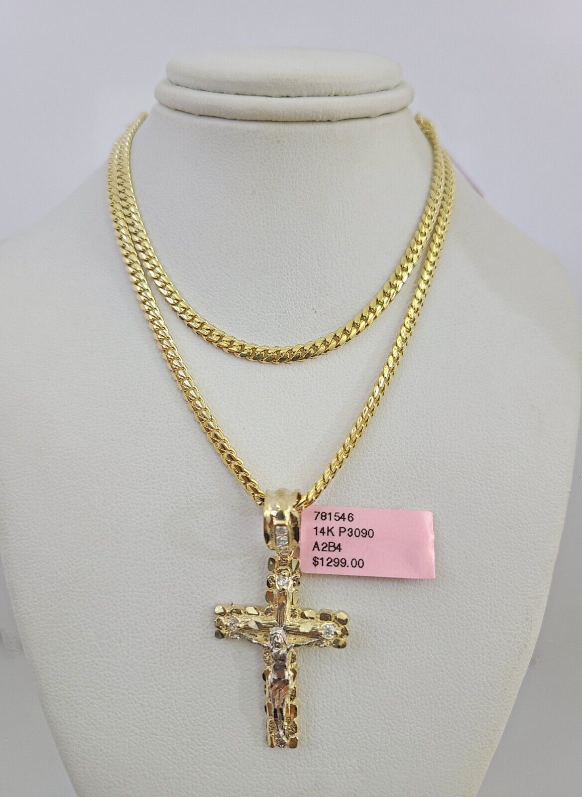 14k Gold Solid Chain 3mm Nugget Cross Pendant Set 14kt Miami Cuban Link Charm