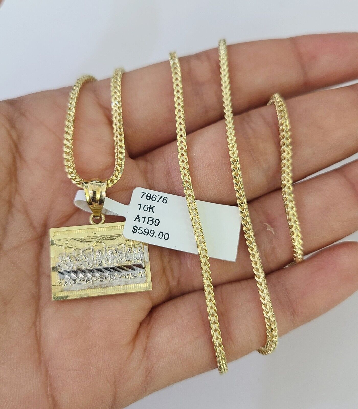 10K Franco Chain Last Supper Pendant Charm Necklace 16"-24" 2mm Gold SET