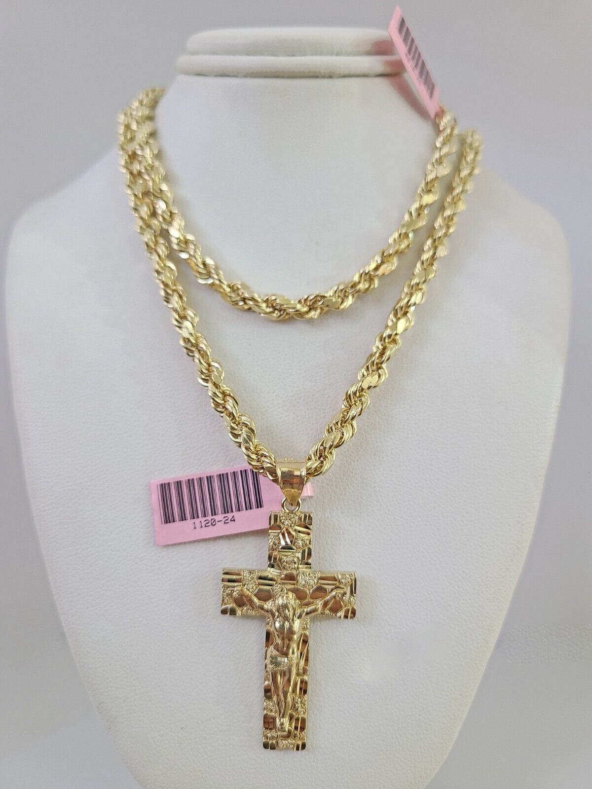 14k Gold Rope Chain Necklace Set 6mm Nugget Cross Charm Pendant 18"-28" inch