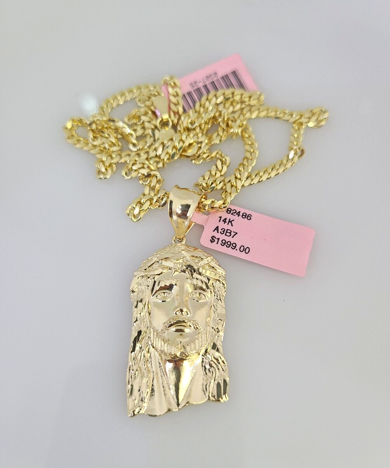 14k Gold Solid Chain Jesus Head Pendant Set 14kt Miami Cuban Link 3mm Charm