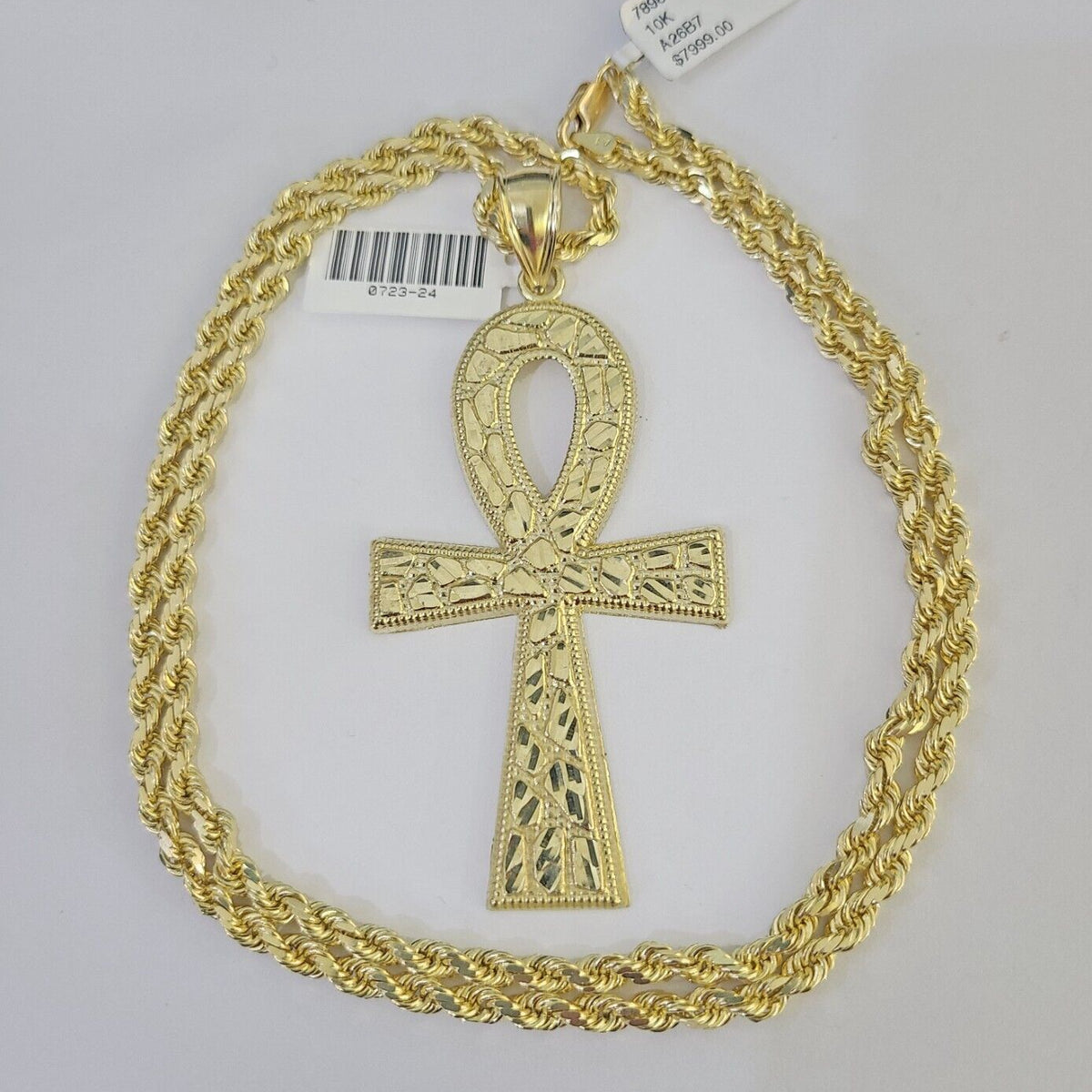 10k Solid Rope Chain Ankh Cross Charm Set 4mm 20