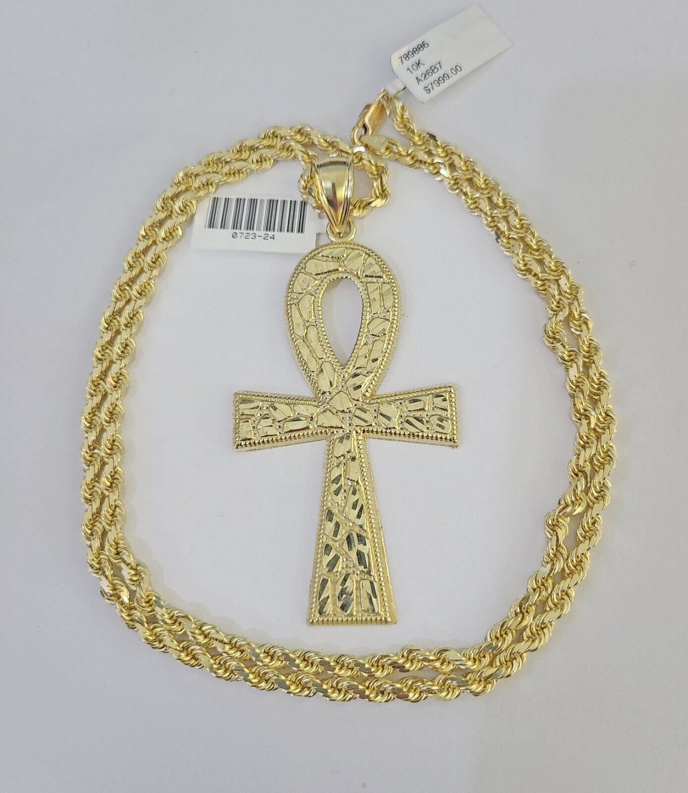 10k Solid Rope Chain Ankh Cross Charm Set 4mm 20"-28" Necklace Gold Yellow